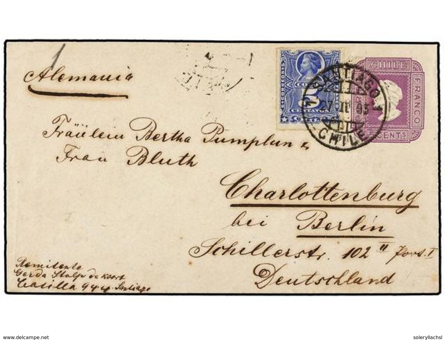 715 CHILE. Sc.28. 1893. SANTIAGO A ALEMANIA. Entero Postal De <B>5 Cents.</B> Lila Con Franqueo Adicional De <B>5 Ctvos. - Other & Unclassified