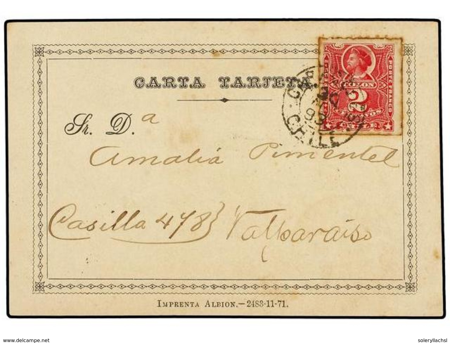 716 CHILE. Sc.26. 1893. CARACOLES A VALPARAÍSO. CARTA-TARJETA Circulada Con Sello De <B>2 Ctvos.</B> Carmín Rosa. Raro U - Other & Unclassified