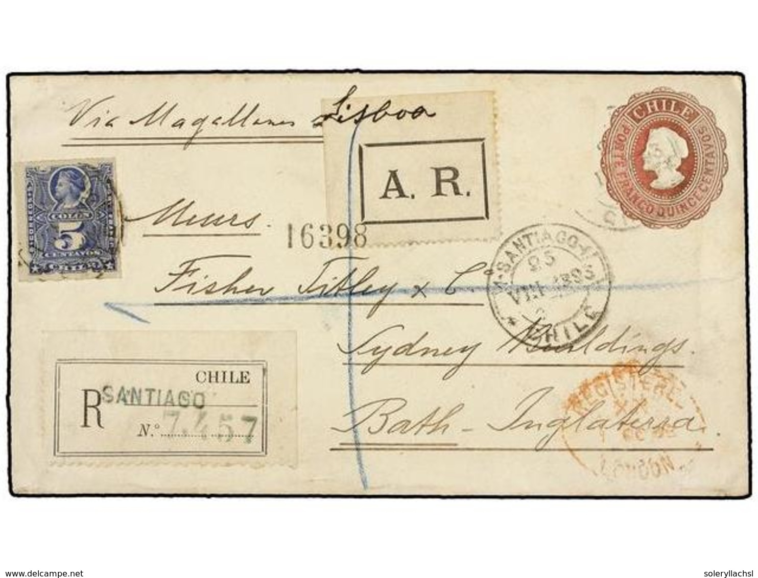 717 CHILE. Sc.28. 1893. SANTIAGO A GRAN BRETAÑA. Entero Postal De <B>15 Cts.</B> Rosa Con Franqueo Adicional De <B>5 Cts - Other & Unclassified