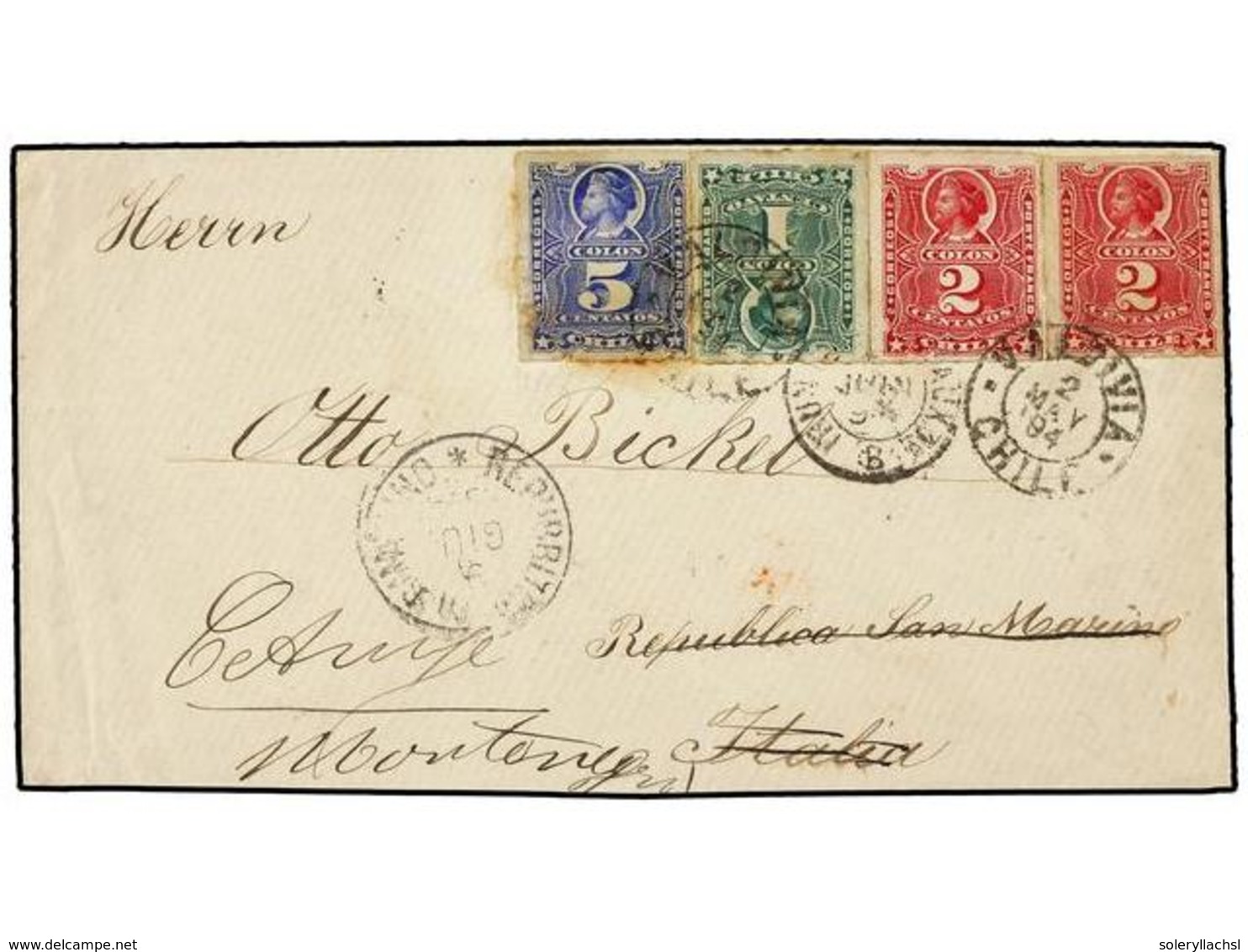 720 CHILE. Sc.37, 38 (2), 28. 1894. VALDIVIA A SAN MARINO Y Reexpedida A ITALIA. <B>1 Cto.</B> Verde, <B>2 Cts.</B> Rojo - Other & Unclassified