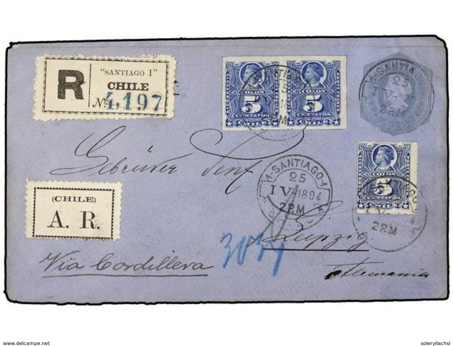 722 CHILE. Sc.28 (3). 1894. SANTIAGO A ALEMANIA. Entero Postal De <B>10 Ctvos.</B> Azul Con Franqueo Adicional De <B>5 C - Other & Unclassified