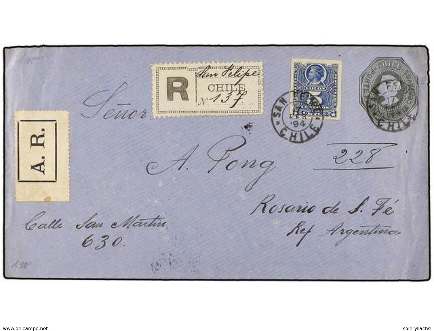 723 CHILE. Sc.28. 1894. SAN FELIPE A ROSARIO (Argentina). Entero Postal De <B>20 Ctvos.</B> Verde Con Franqueo Adicional - Other & Unclassified