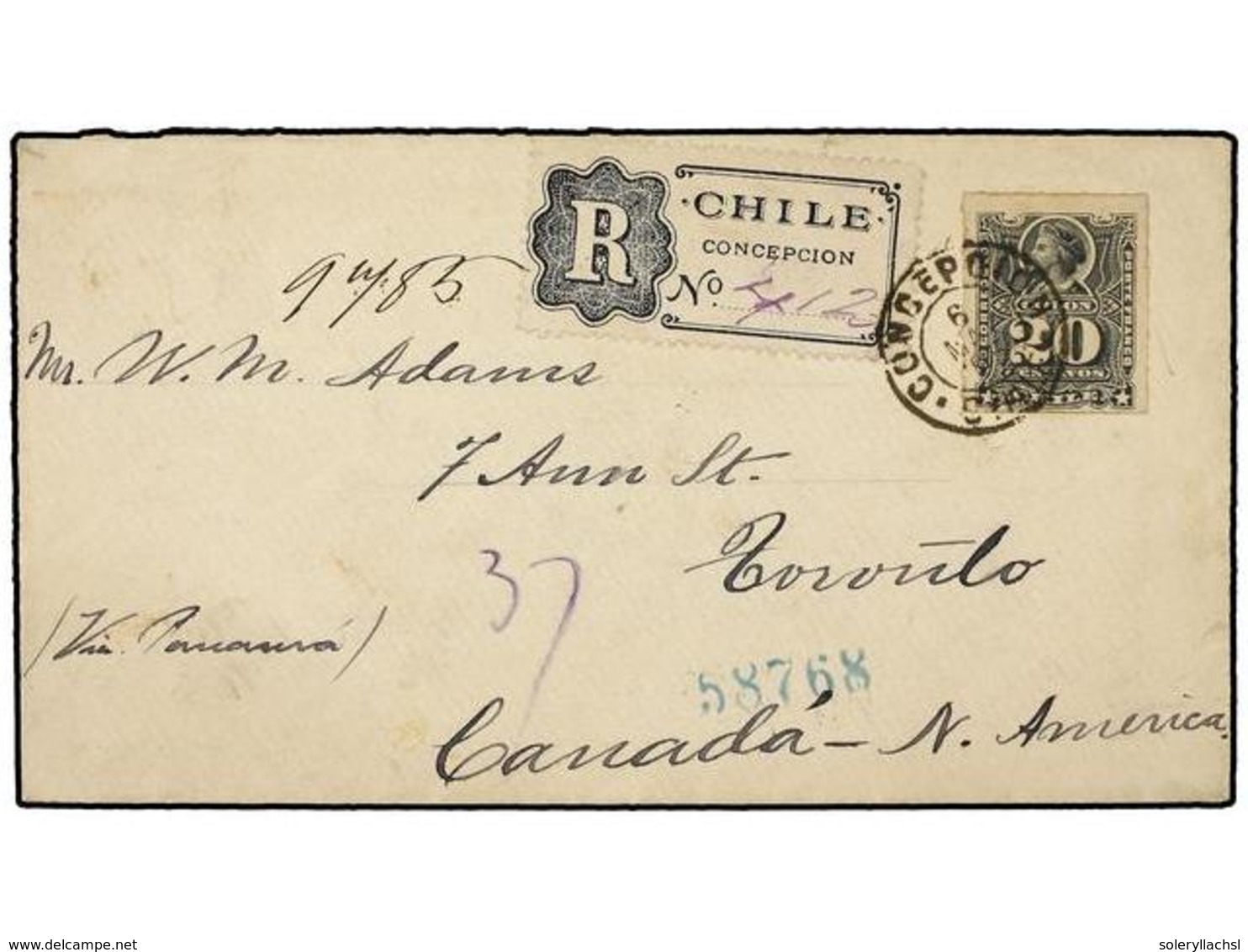 731 CHILE. Sc.31. 1895. CONCEPCIÓN A TORONTO (Canadá). <B>20 Cts.</B> Gris, Carta Certificada, Al Dorso Llegada. Rara De - Other & Unclassified