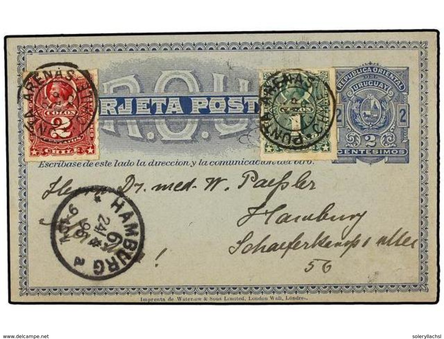 734 CHILE. 1895. Entero Postal De URUGUAY De <B>2 Cts.</B> Azul Escrito Por Un Pasajero De Un Buque De La P.S.N.C. En Ru - Other & Unclassified