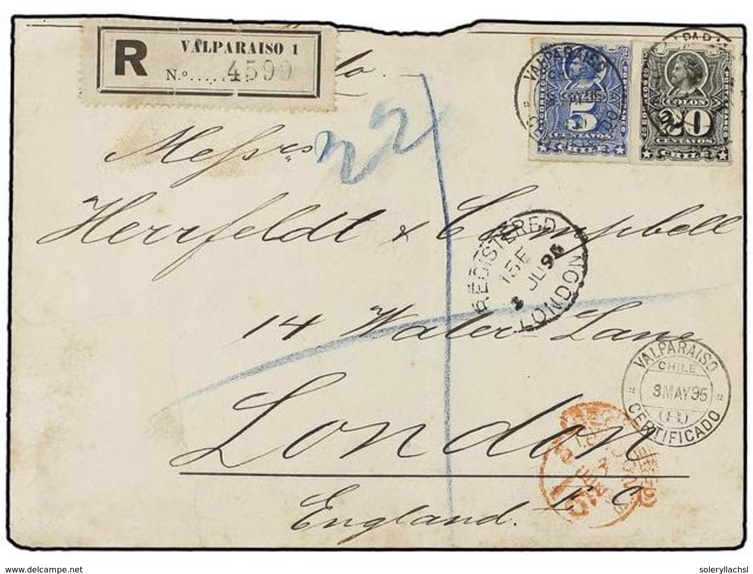 736 CHILE. Sc.28, 31. 1895. VALPARAISO A LONDRES. <B>5 Cts.</B> Azul Y <B>20 Cts.</B> Gris, Carta Certificada, Al Dorso  - Other & Unclassified