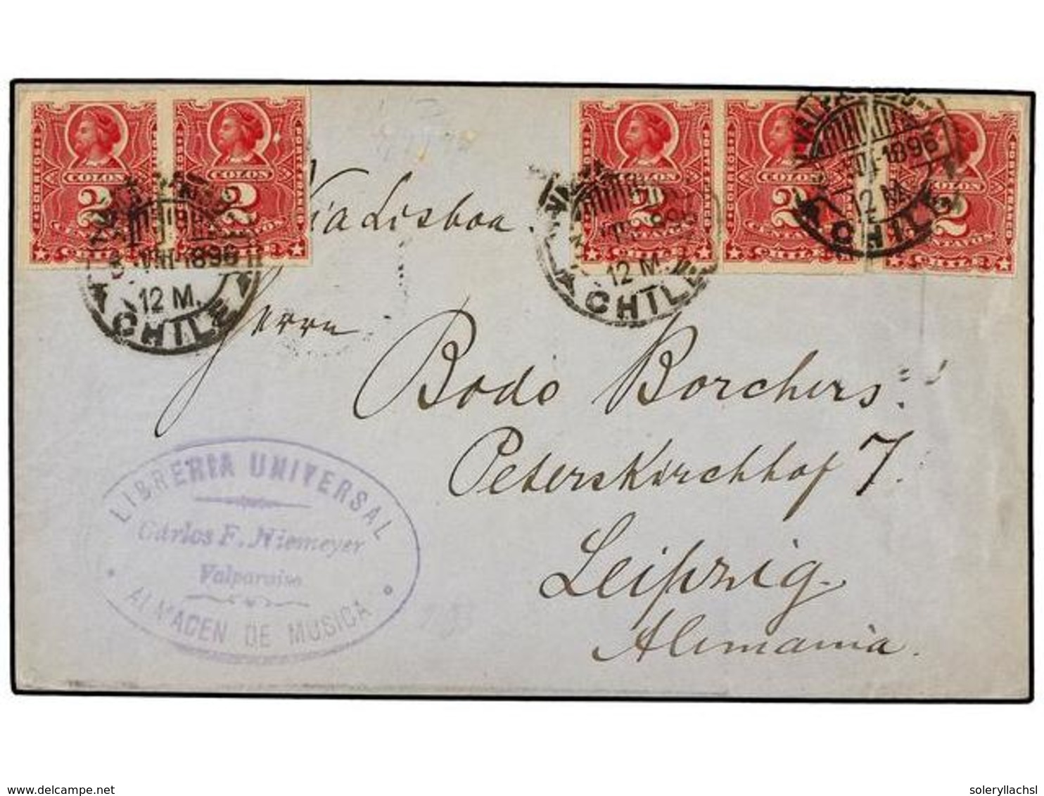 742 CHILE. Sc.38 (5). 1896. VALPARAISO A ALEMANIA. <B>2 Ctvos.</B> Carmín (5) Circulada Vía Lisboa, Al Dorso Llegada. - Sonstige & Ohne Zuordnung