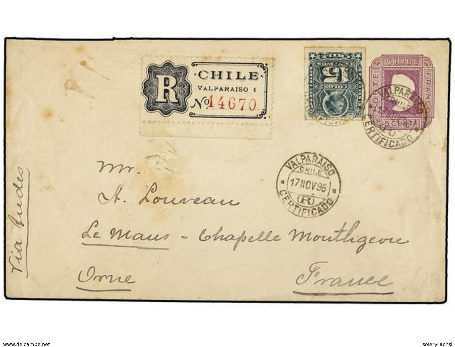 743 CHILE. Sc.30. 1896. VALPARAISO A FRANCIA. Entero Postal De <B>5 Cents.</B> Lila Con Franqueo Adicional De <B>15 Cts. - Other & Unclassified