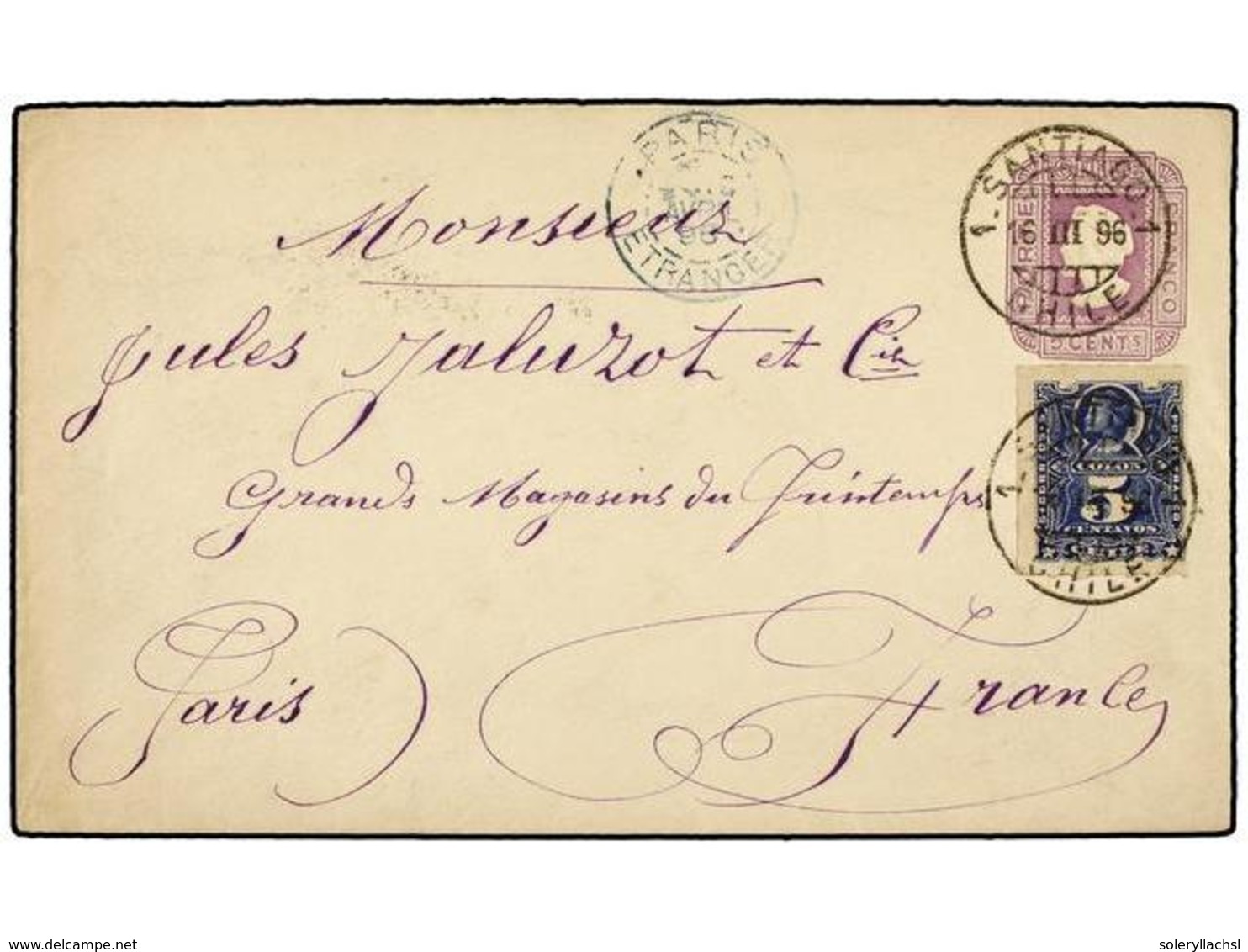 744 CHILE. Sc.28. 1896. SANTIAGO A FRANCIA. Entero Postal De <B>5 Cents.</B> Lila Con Franqueo Adicional De <B>5 Cts.</B - Other & Unclassified