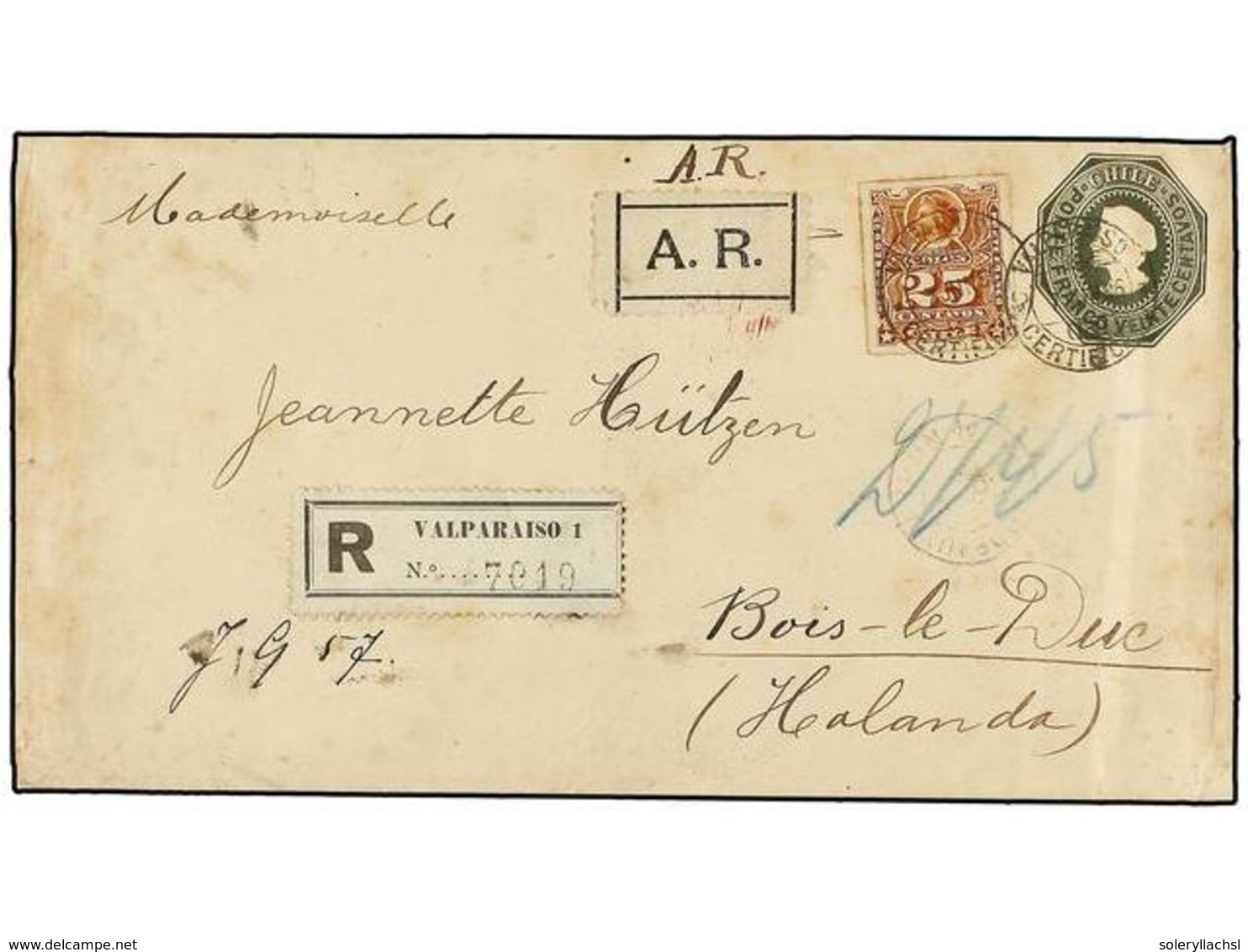 746 CHILE. Sc.32. 1896. VALPARAÍSO A HOLANDA. Entero Postal De<B> 20 Cts. </B>verde Con Franqueo Adicional De <B>25 Cts. - Sonstige & Ohne Zuordnung