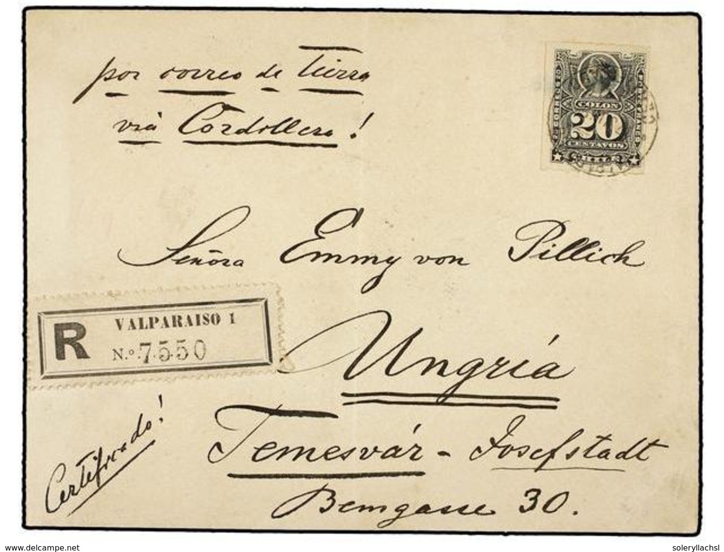 747 CHILE. Sc.31. 1896. VALPARAISO A HUNGRÍA. <B>20 Ctvos.</B> Gris, Carta Certificada, Circulada Vía Los Andes Y Buenos - Sonstige & Ohne Zuordnung