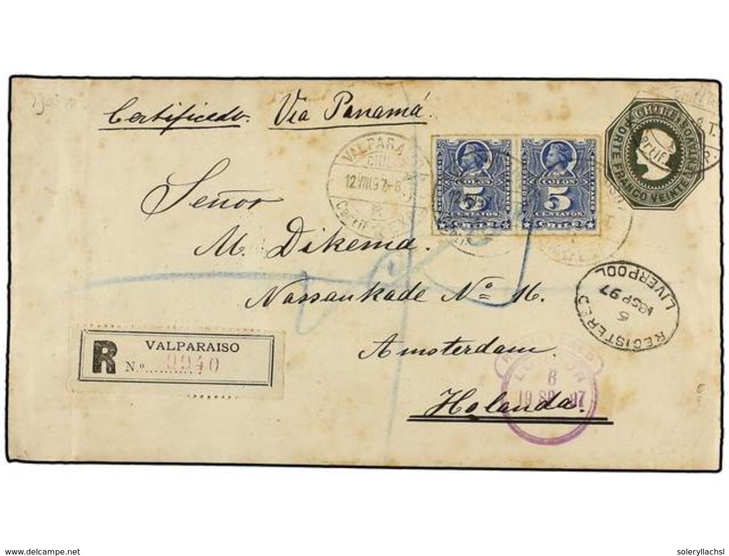 754 CHILE. Sc.28 (2). 1897. VALPARAISO A HOLANDA. Entero Postal De <B>20 Ctvos.</B> Verde Con Franqueo Adicional De <B>5 - Sonstige & Ohne Zuordnung