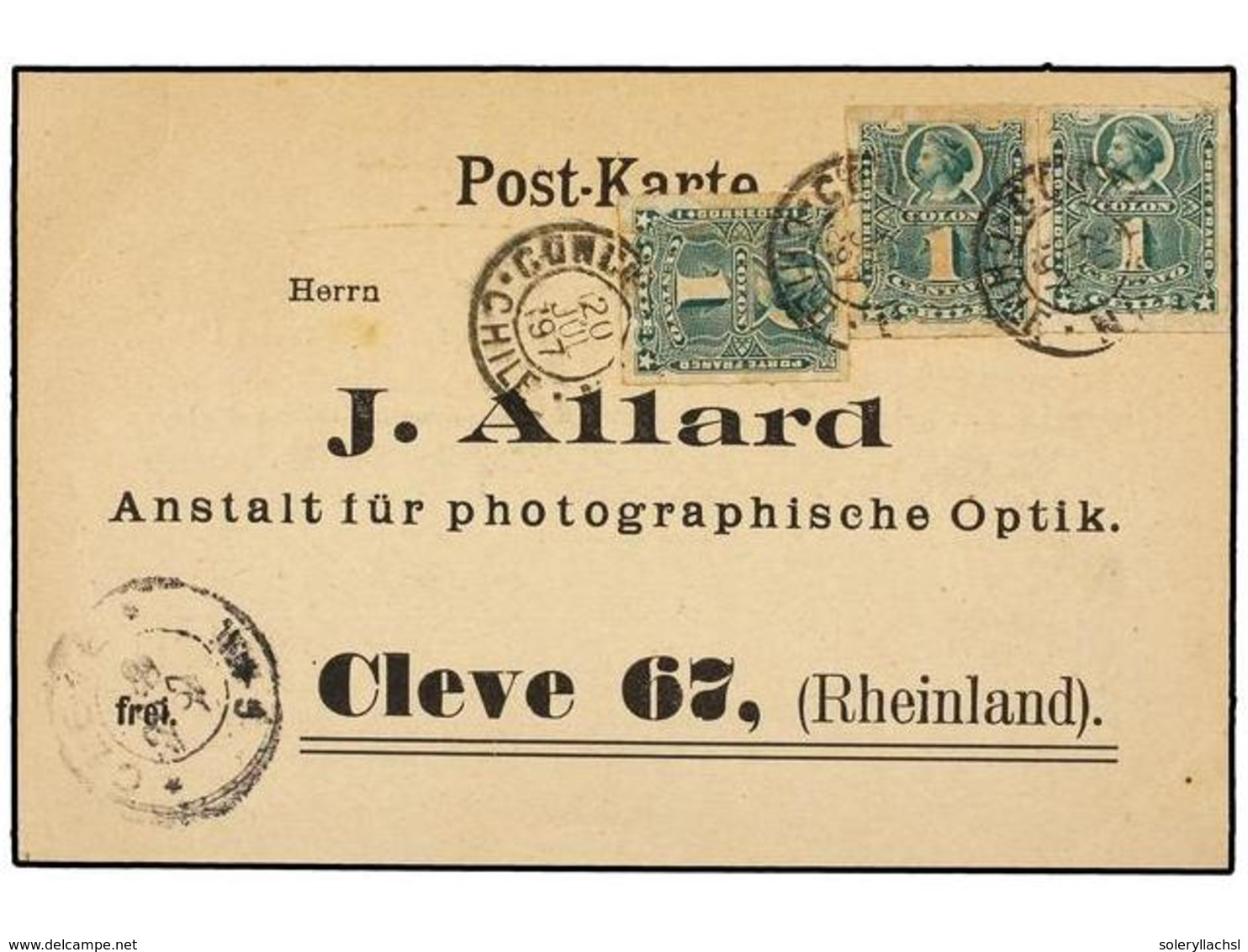 755 CHILE. Sc.37 (3). 1897. CONCEPCIÓN A ALEMANIA. Tarjeta Postal Privada Circulada Con 3 Sellos De <B>1 Ctvo.</B> Verde - Other & Unclassified