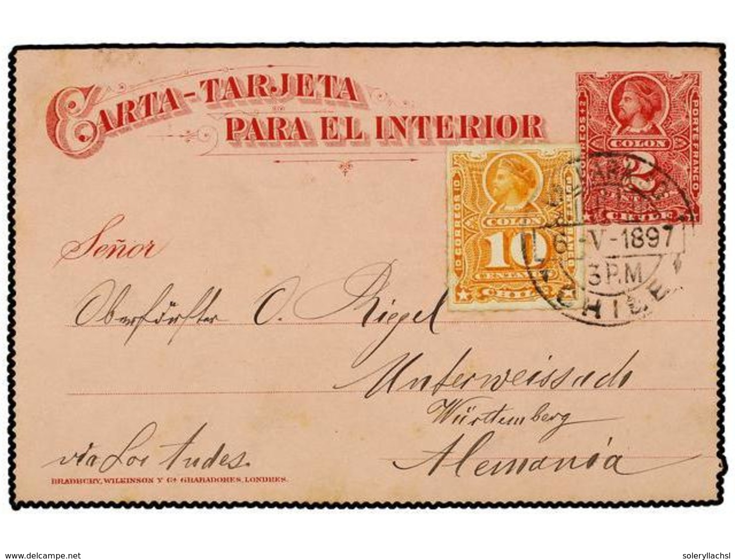 757 CHILE. Sc.29. 1897. VALPARAISO A ALEMANIA. CARTA-TARJETA Circulada Con Franqueo Adicional De <B>10 Cts.</B> Naranja. - Sonstige & Ohne Zuordnung