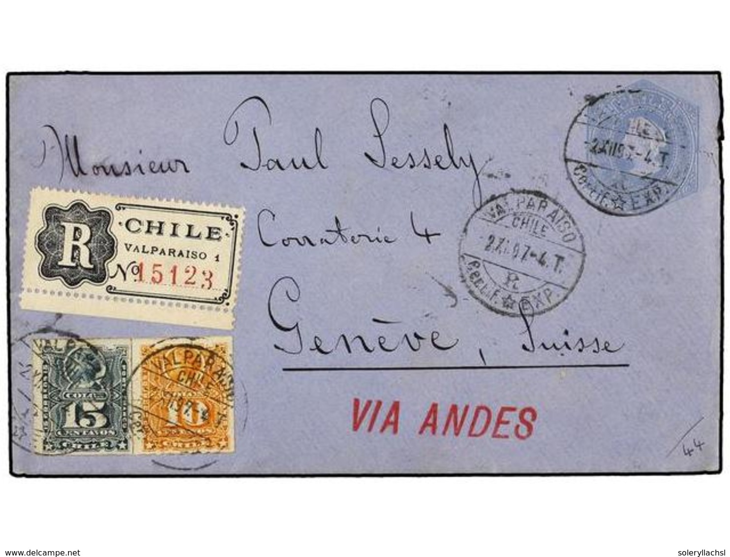 759 CHILE. Sc.29, 30. 1897. VALPARAISO A GINEBRA (Suiza). Entero Postal De <B>10 Ctvos.</B> Gris Con Franqueo Adicional  - Sonstige & Ohne Zuordnung