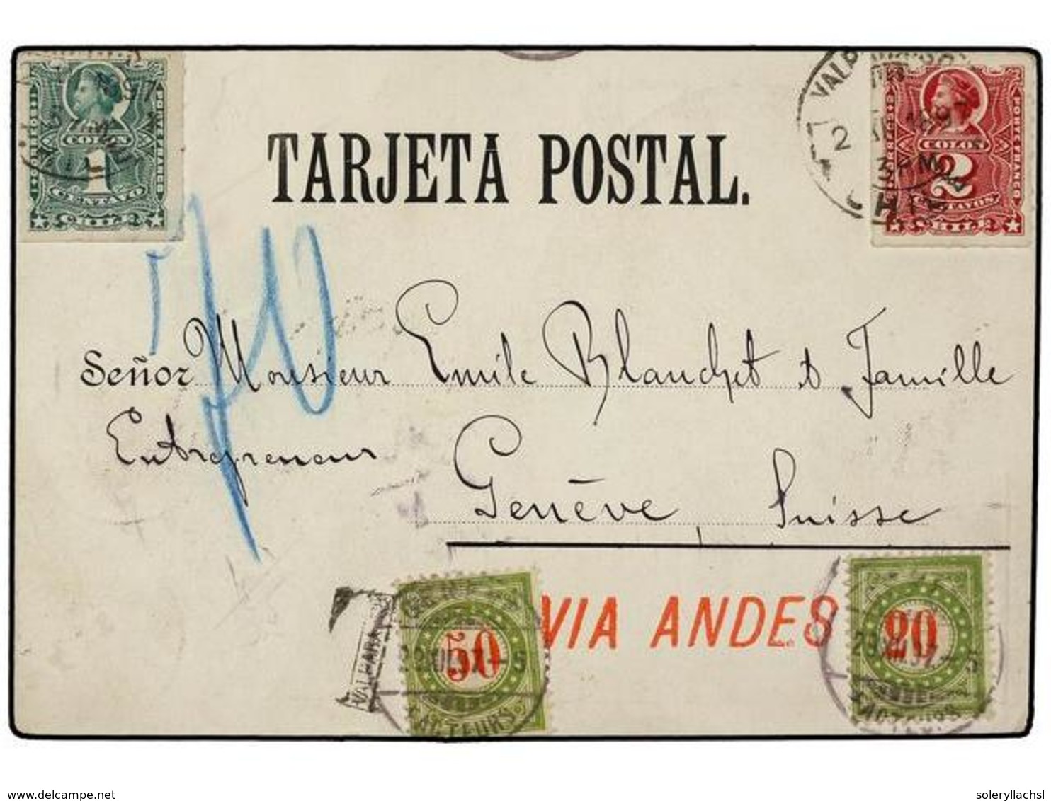 760 CHILE. Sc.37, 38. 1897. VALPARAISO A GINEBRA (Suiza). Tarjeta Postal 'Recuerdos De Valparaiso' Franqueada Con Sellos - Sonstige & Ohne Zuordnung