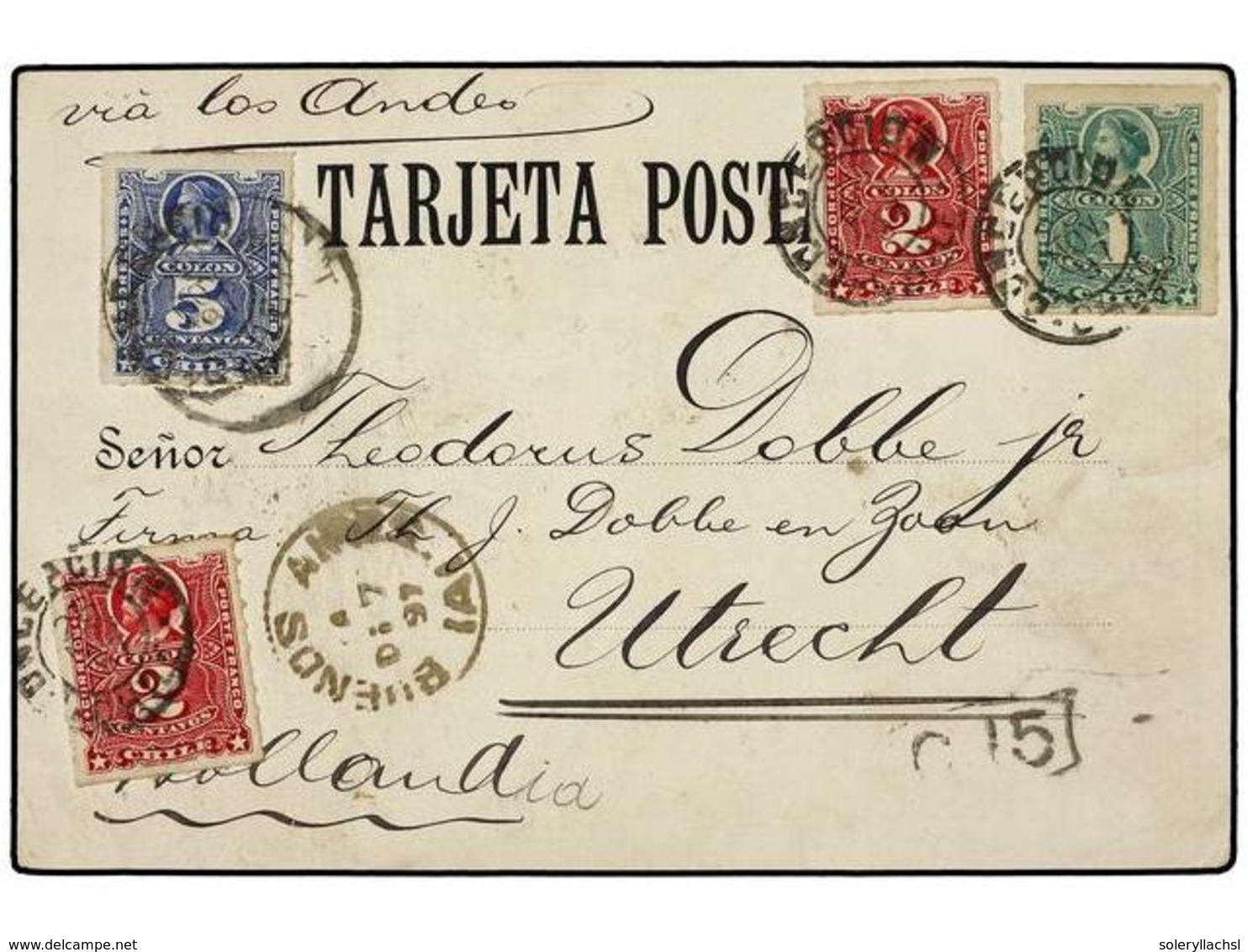 761 CHILE. Sc.37, 38 (2), 28. 1897. CONCEPCIÓN A HOLANDA. Tarjeta Postal <B>RECUERDOS DE VALPARAISO</B> Circulada Con Se - Other & Unclassified