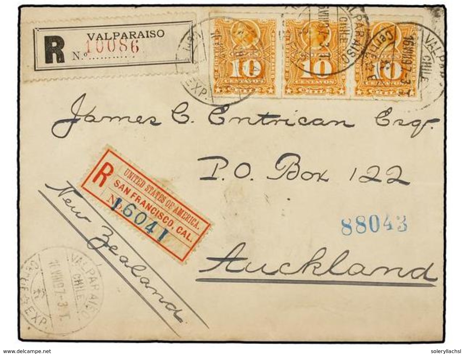 763 CHILE. Sc.29 (3). 1897. VALPARAISO A AUCKLAND (Nueva Zelanda). <B>10 Cts.</B> Naranja, Tira De Tres. Carta Certifica - Other & Unclassified