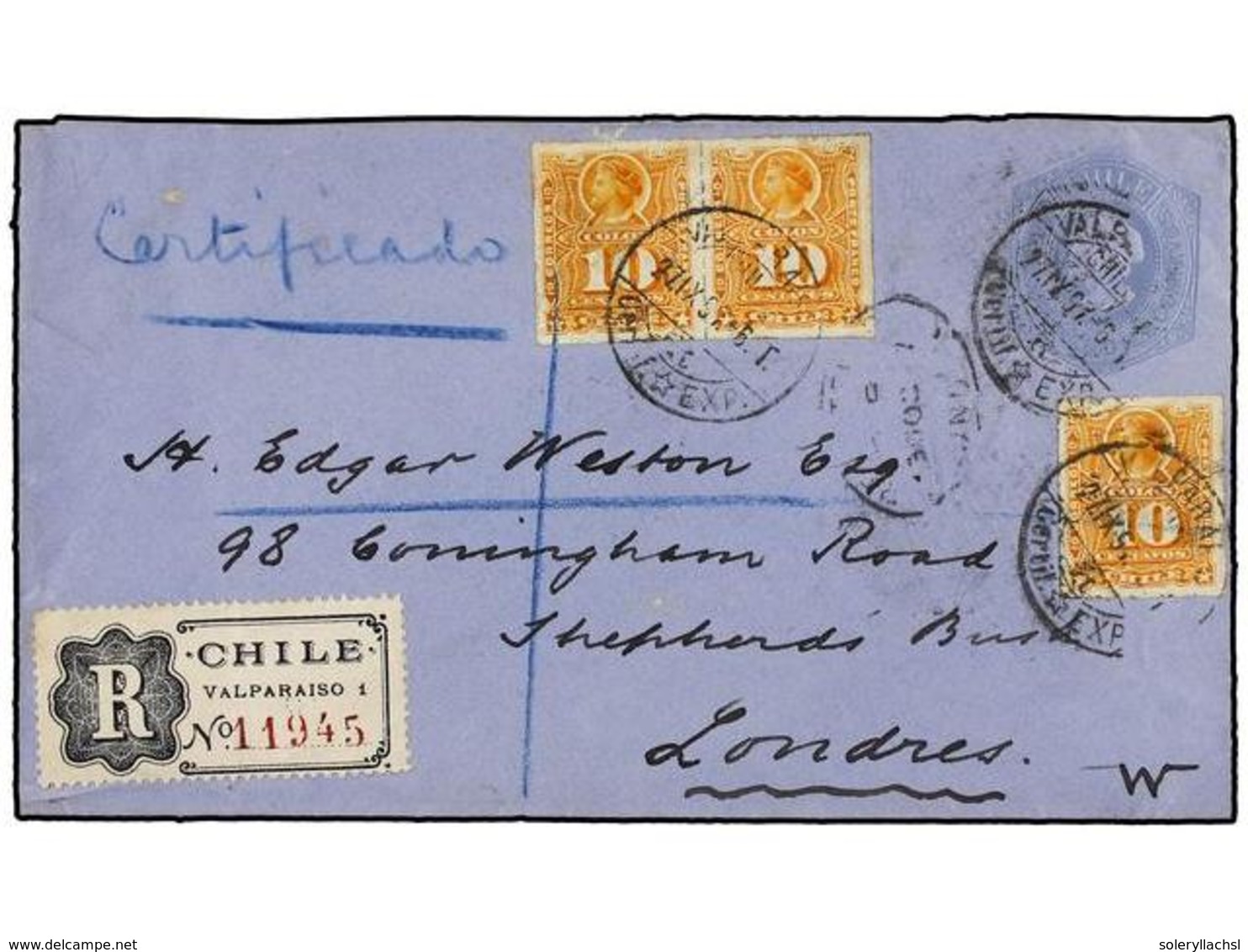 764 CHILE. Sc.29 (3). 1897. VALPARAISO A LONDRES. Entero Postal De <B>10 Ctvos.</B> Gris Con Franqueo Adicional De <B>10 - Sonstige & Ohne Zuordnung