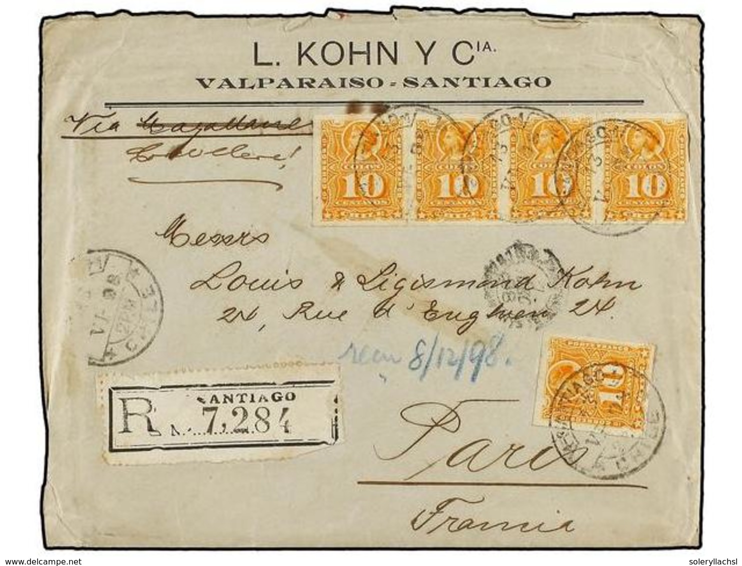 767 CHILE. Sc.29 (5). 1898. SANTIAGO A PARÍS. <B>10 Ctvos.</B> Amarillo (5), Carta Certificada, Al Dorso Llegada. - Other & Unclassified