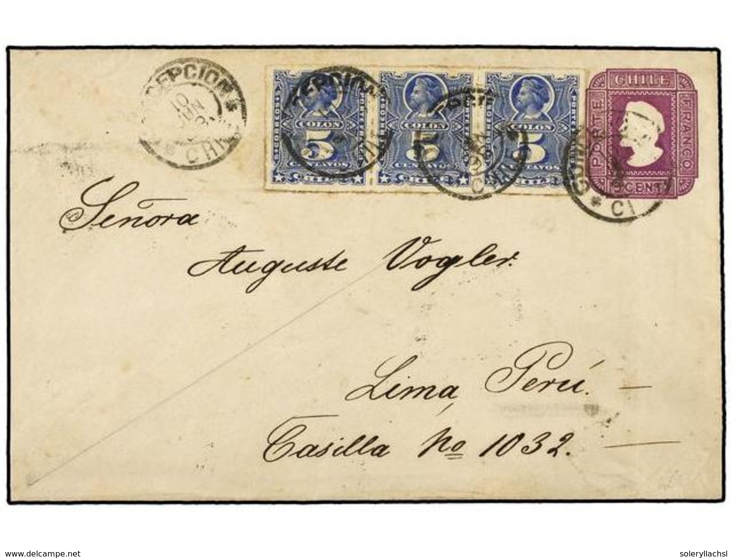 772 CHILE. Sc.28 (13). 1898. CONCEPCIÓN A LIMA (Perú). Entero Postal De <B>5 Cts.</B> Lila Con Franqueo Adicional De<B>  - Other & Unclassified