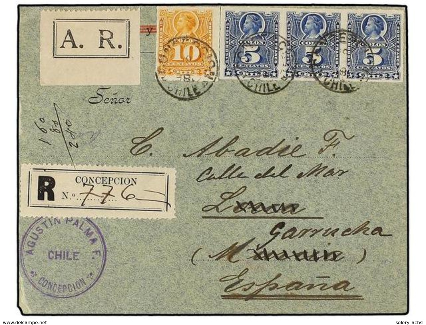 773 CHILE. Sc.28 (3), 29. 1898. CONCEPCIÓN A ESPAÑA. <B>5 Cts.</B> Azul (3) Y <B>10 Cts.</B> Naranja. Carta Certificada  - Sonstige & Ohne Zuordnung