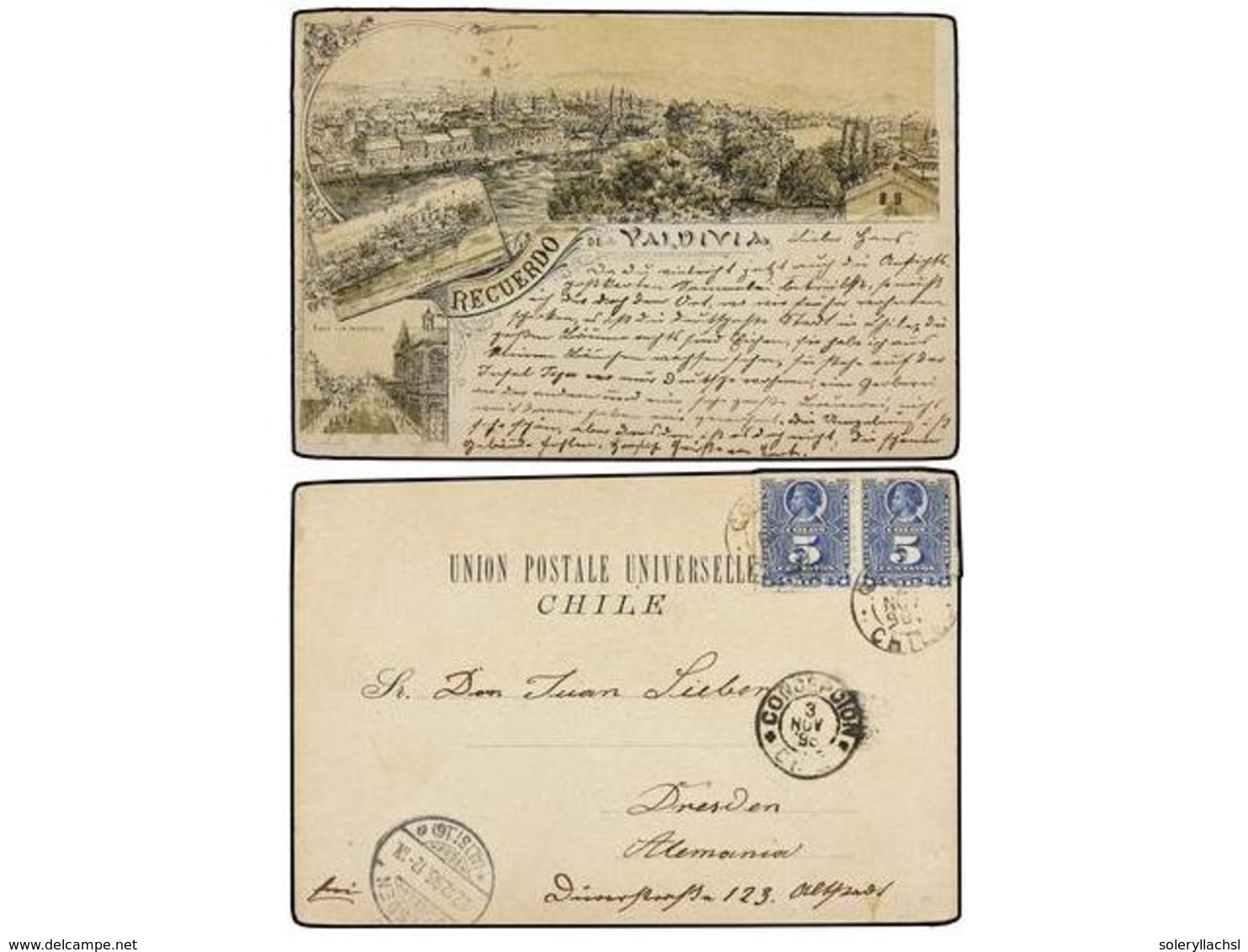 775 CHILE. 1898. CONCEPCIÓN A ALEMANIA. Tarjeta Postal Cromolitografiada <B>RECUERDO DE VALDIVIA</B>. Circulada Con Dos  - Other & Unclassified
