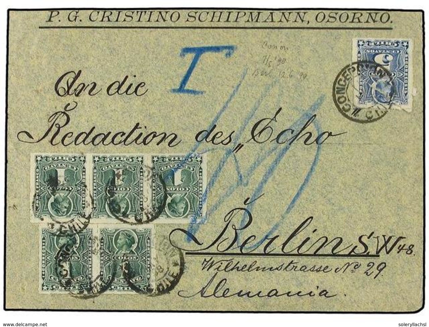 776 CHILE. 1898. CONCEPCION A ALEMANIA. <B>1 Ctvo.</B> Verde (5) Y <B>5 Ctvos.</B> Azul (defecto En Origen) Tasada Con 4 - Other & Unclassified