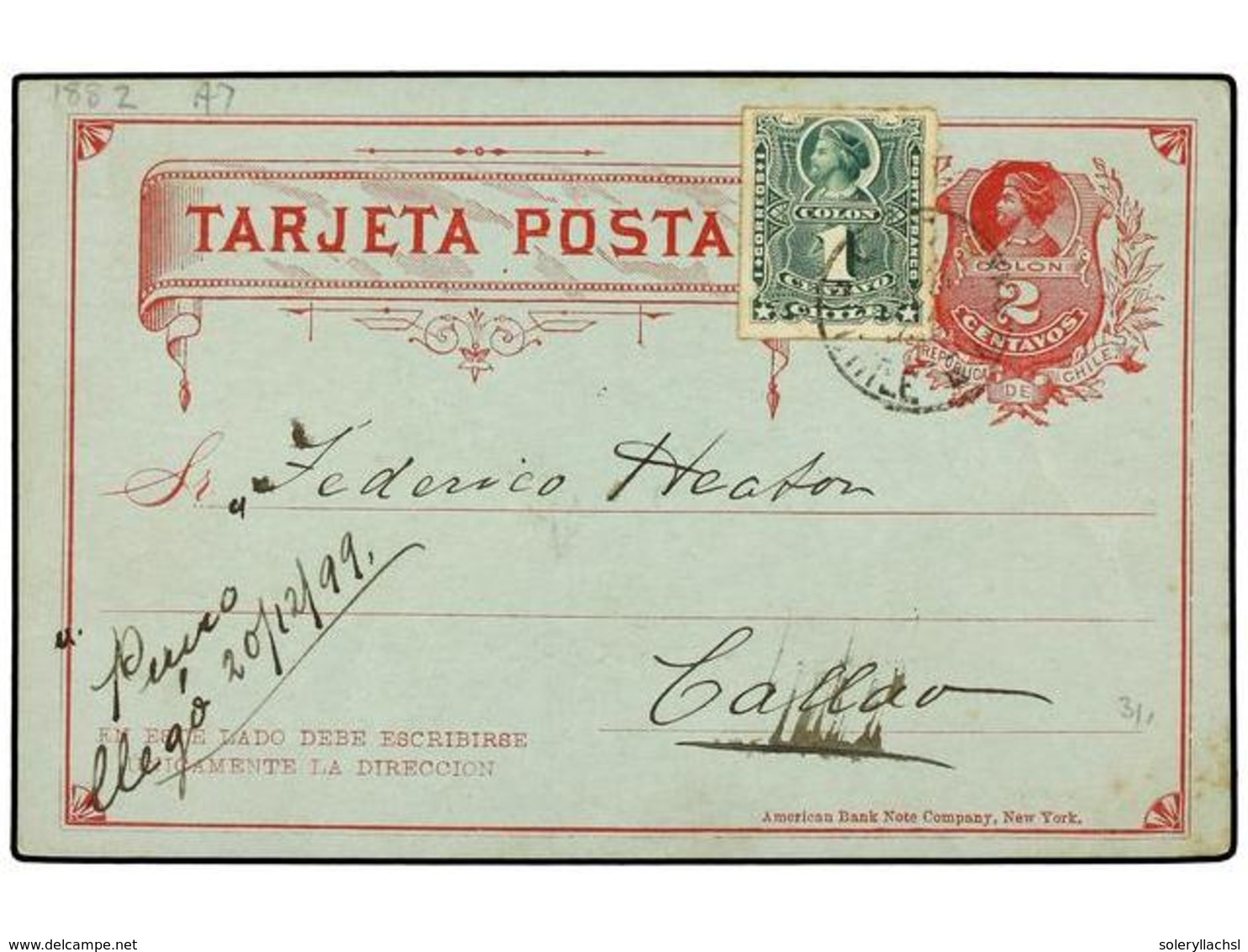 782 CHILE. Sc.37. 1899. COQUIMBO A CALLAO. Entero Postal De <B>2 Ctvos.</B> Con Franqueo Adicional De <B>1 Ctvo.</B> Ver - Sonstige & Ohne Zuordnung