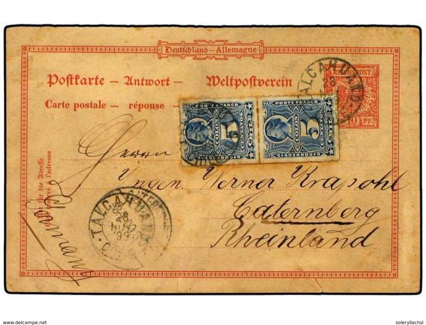 785 CHILE. 1899. Entero Postal Alemán De <B>10 Pf.</B> Con Franqueo Adicional Chileno De Dos Sellos De <B>5 Cts.</B> Azu - Other & Unclassified