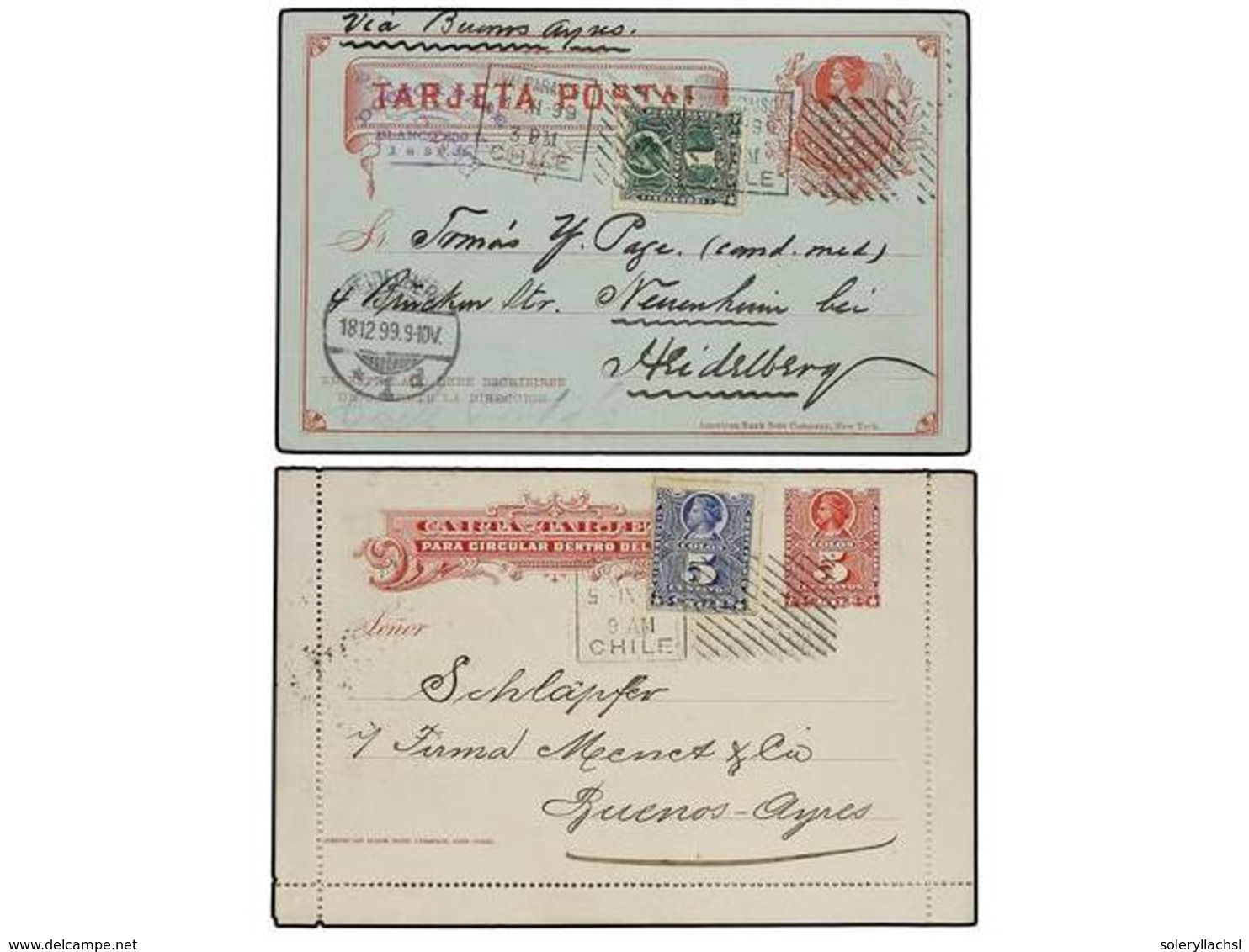 787 CHILE. 1899. Dos Enteros Postales De <B>2 Ctvos. </B>y <B>5 Ctvos. </B>con Franqueo Adicional De <B>1 Ctvo.</B> Y <B - Sonstige & Ohne Zuordnung