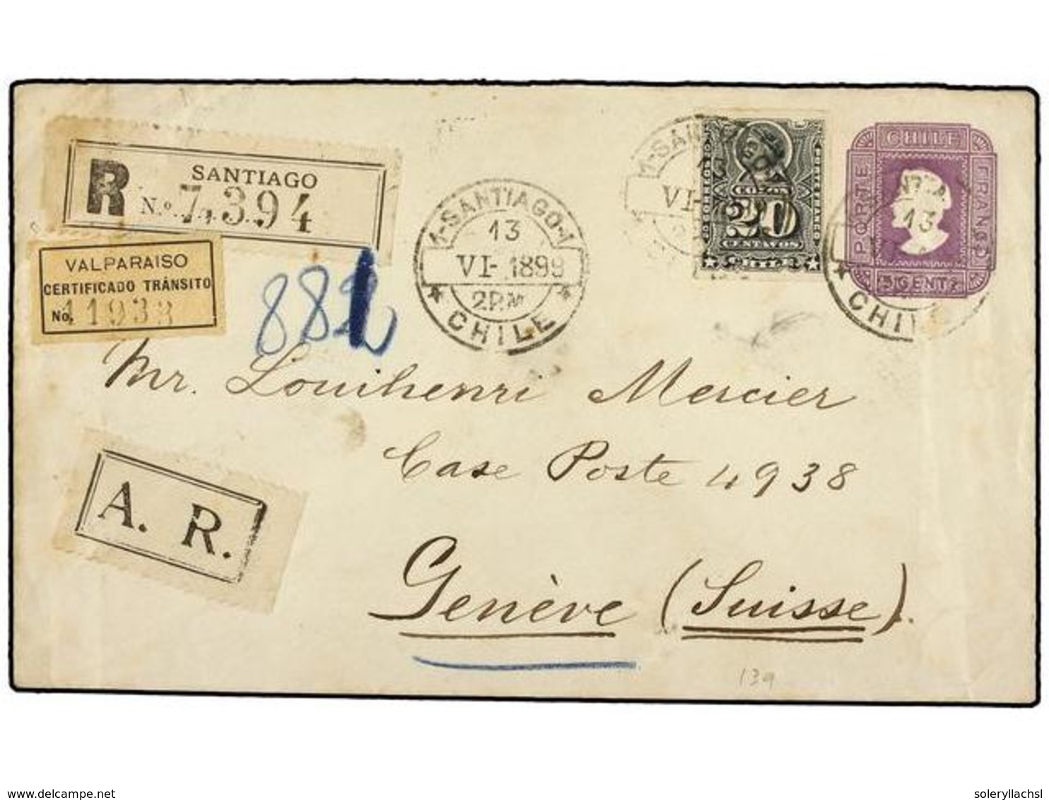 789 CHILE. 1899. SANTIAGO A SUIZA. Entero Postal De <B>5 Cts.</B> Lila Con Franqueo Adicional De <B>20 Ctvos.</B> Circul - Sonstige & Ohne Zuordnung