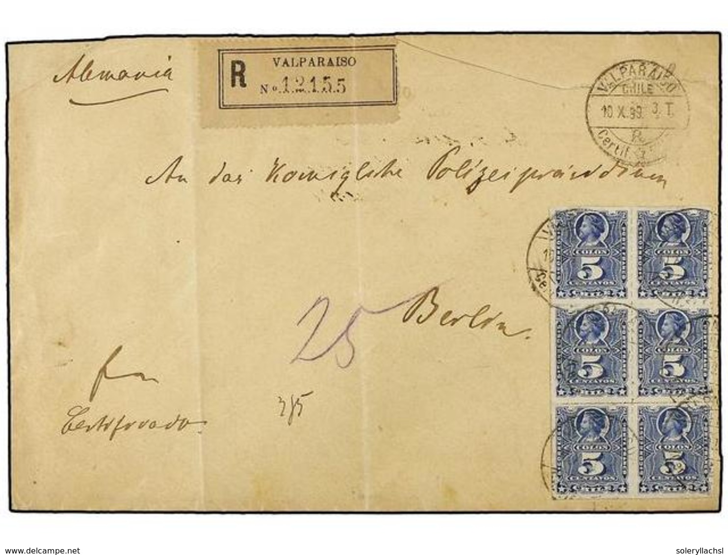 791 CHILE. Sc.28 (6). 1899. VALPARAISO A ALEMANIA. <B>5 Ctvos.</B> Azul, Bloque De Seis, Carta Certificada, Al Dorso Lle - Other & Unclassified