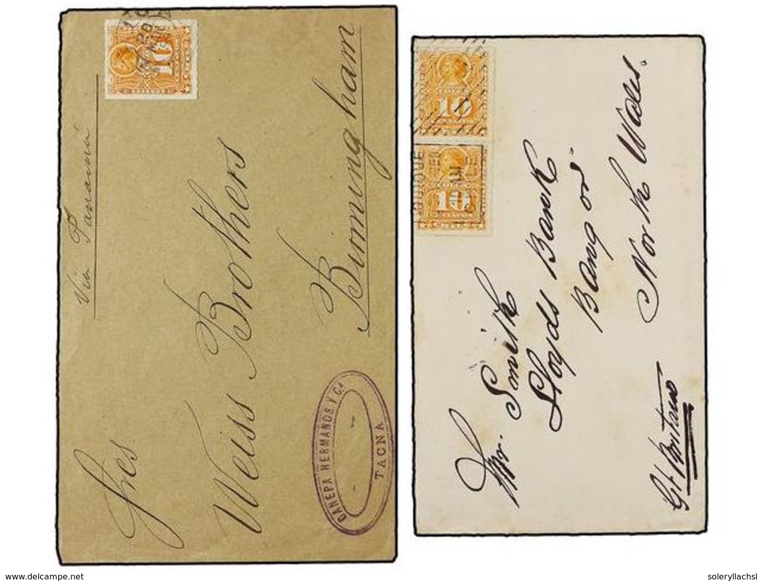 795 CHILE. Sc.29. 1899-1900. Dos Cartas Desde TACNA E IQUIQUE A INGLATERRA Con Sello De <B>10 Cts.</B> Naranja (una Con  - Other & Unclassified