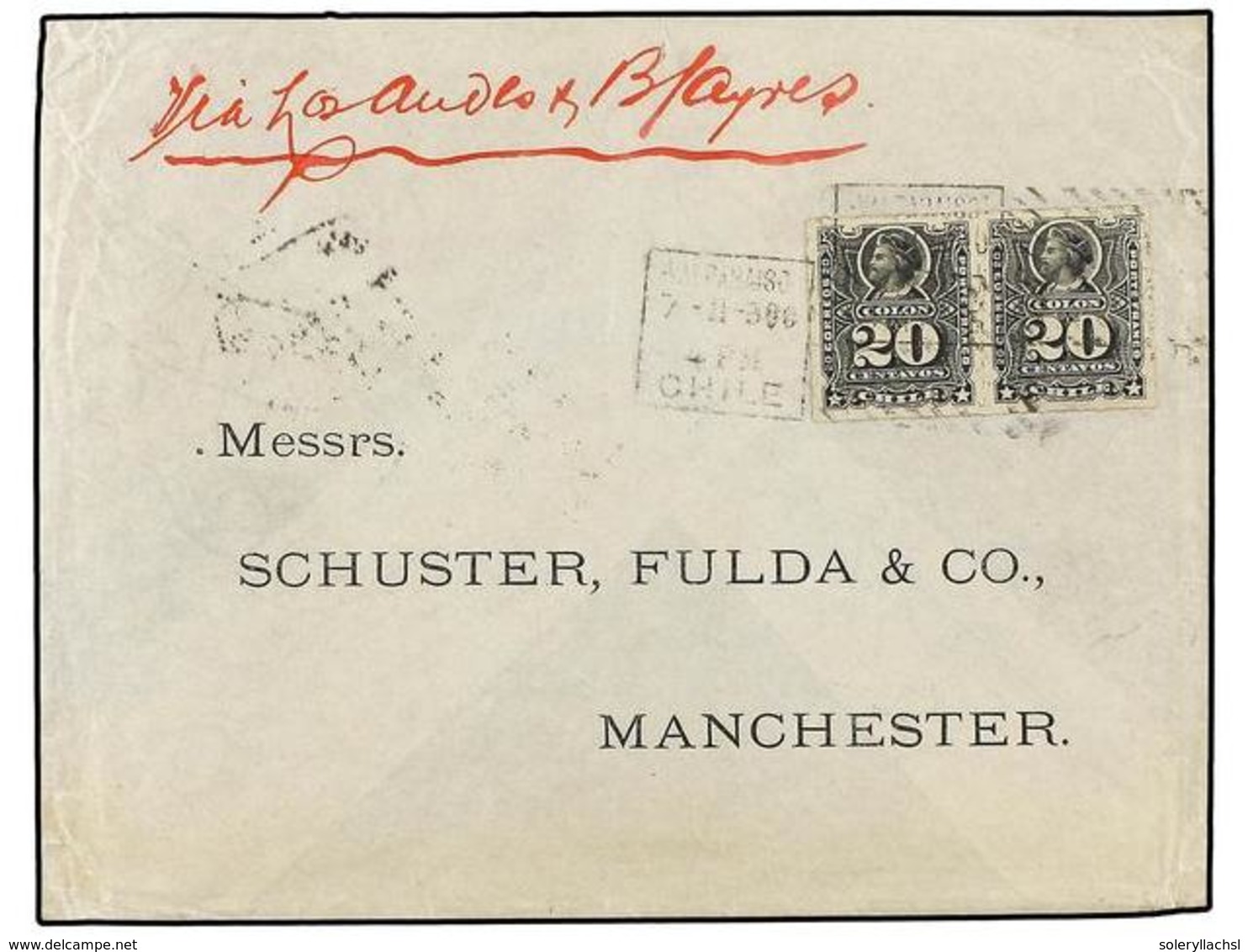 797 CHILE. Sc.31 (2). 1900. VALPARAISO A INGLATERRA. <B>20 Cts.</B> Gris (2) Circulada Vía Los Andes Y Buenos Aires, Al  - Other & Unclassified