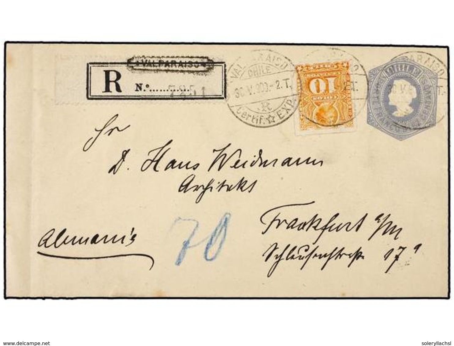 798 CHILE. Sc.29. 1900. VALPARAISO A ALEMANIA. Entero Postal De <B>10 Ctvos.</B> Gris Con Franqueo Adicional De <B>10 Ct - Sonstige & Ohne Zuordnung