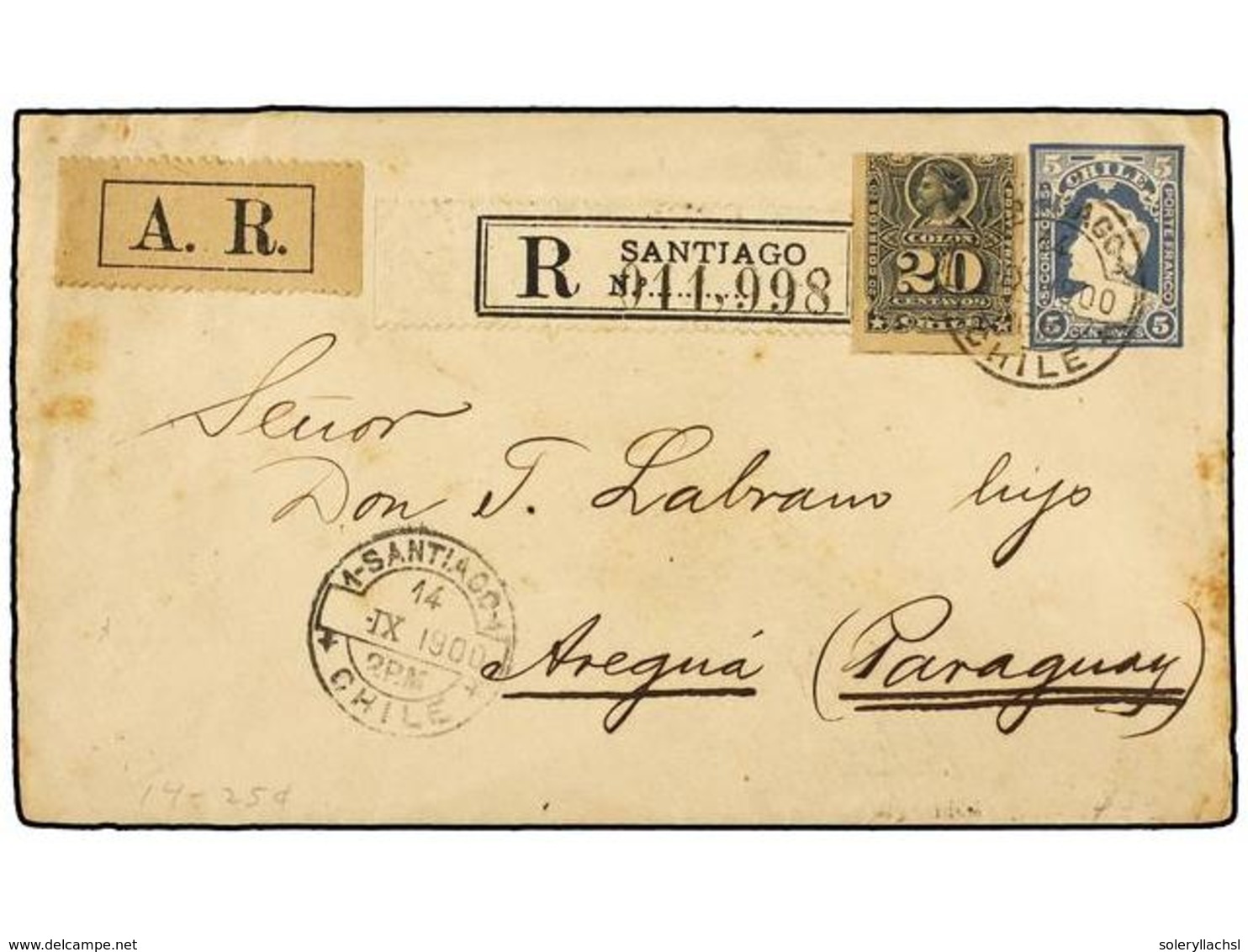803 CHILE. Sc.31. 1900. SANTIAGO A AREGUA (Paraguay). Entero Postal De <B>5 Ctvos.</B> Azul Con Franqueo Adicional De <B - Sonstige & Ohne Zuordnung