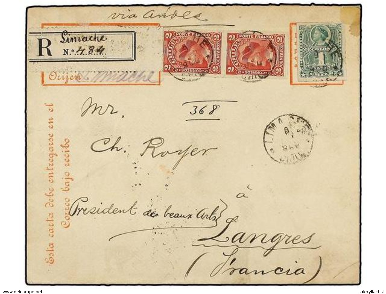 805 CHILE. Sc.40 (2), 37. 1900. LIMACHE A FRANCIA. Entero Postal De Certificados De <B>15 Ctvos.</B> Lila Con Franqueo A - Other & Unclassified