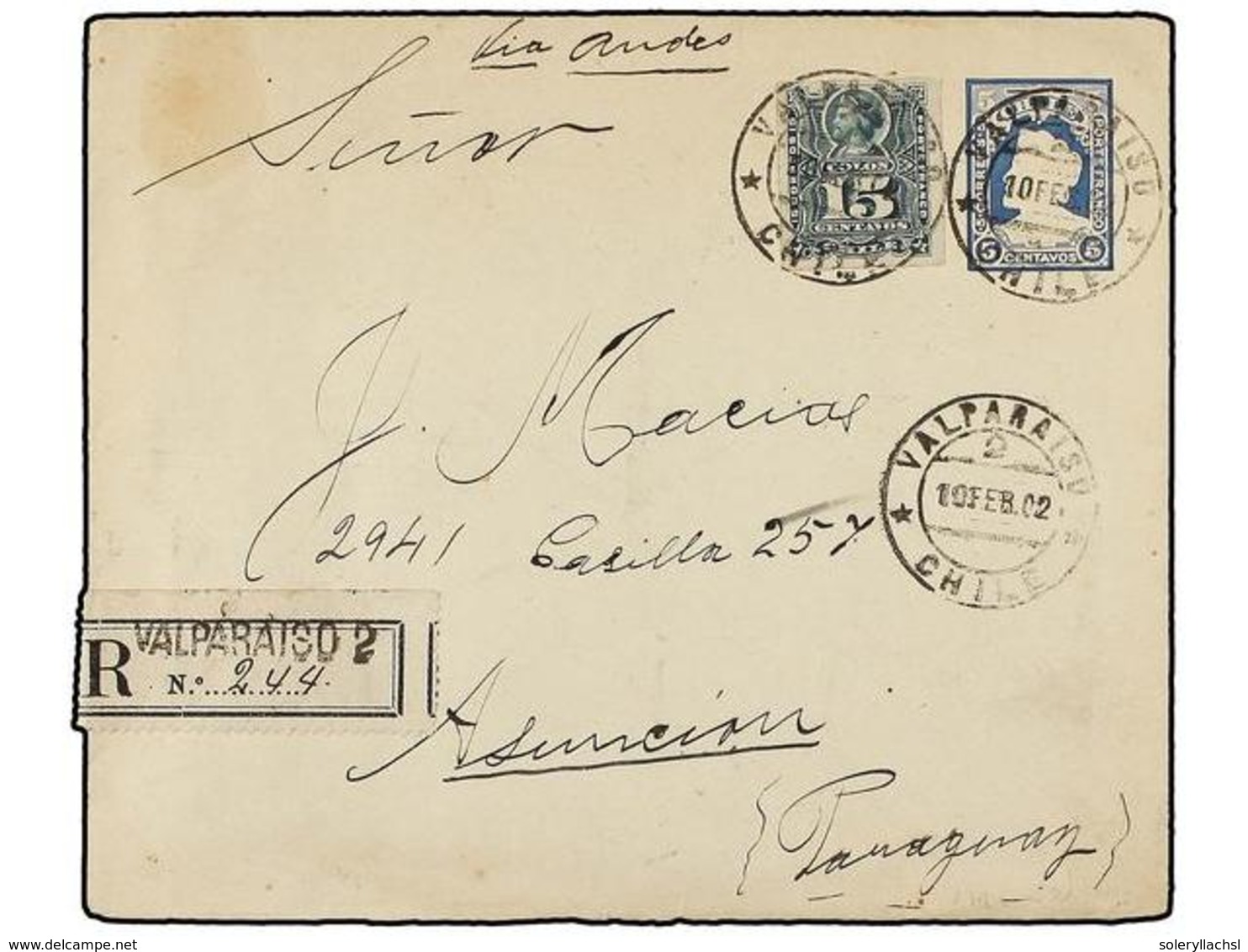 812 CHILE. Sc.30. 1902. SANTIAGO A ASUNCIÓN (Paraguay). Entero Postal De <B>5 Ctvos.</B> Azul Con Franqueo Adicional De  - Other & Unclassified