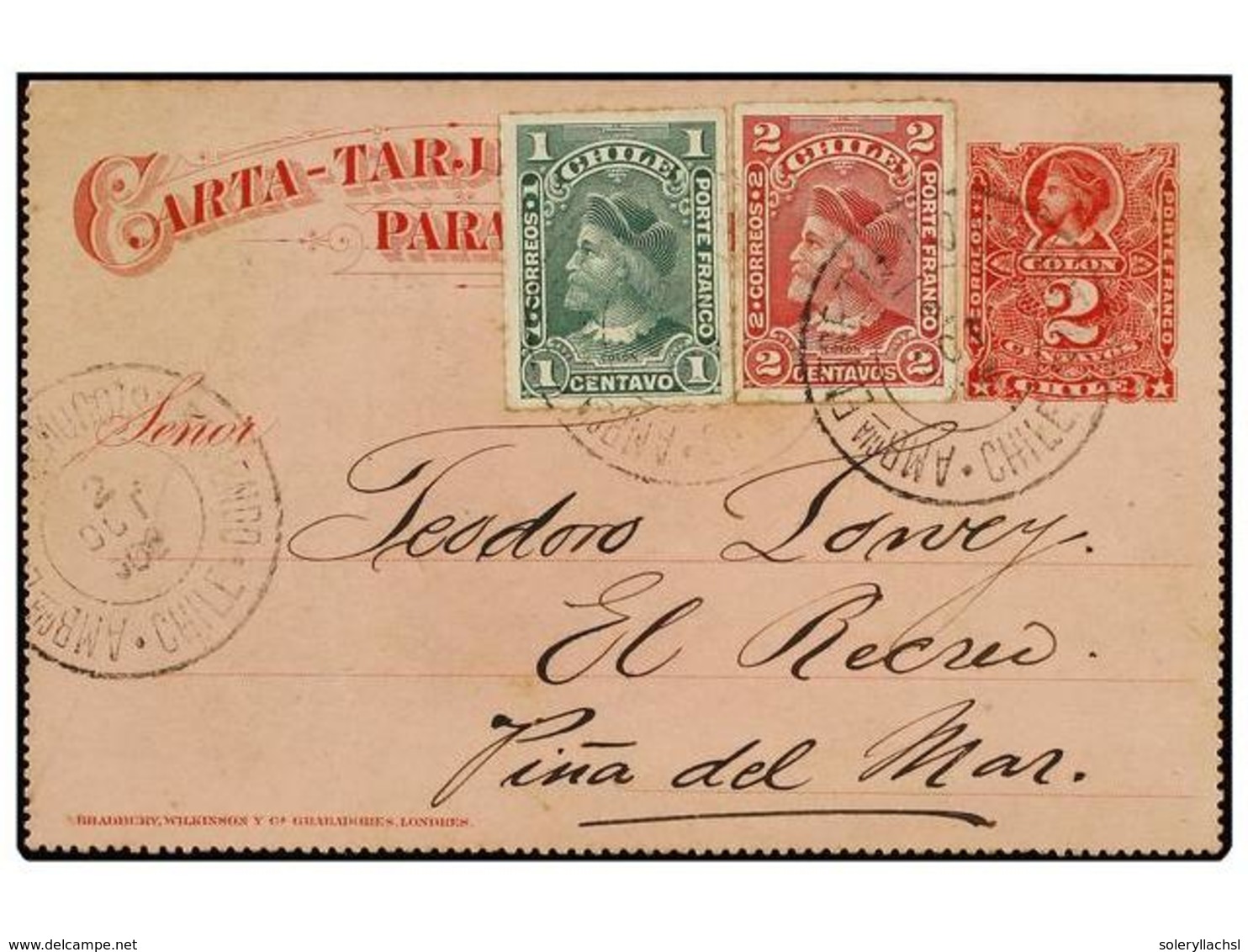 813 CHILE. Sc.39, 40. 1902. Entero Postal De <B>2 Ctvos.</B> Rojo Con Franqueo Adicional De <B>1 Ctvo.</B> Y <B>2 Ctvos. - Sonstige & Ohne Zuordnung