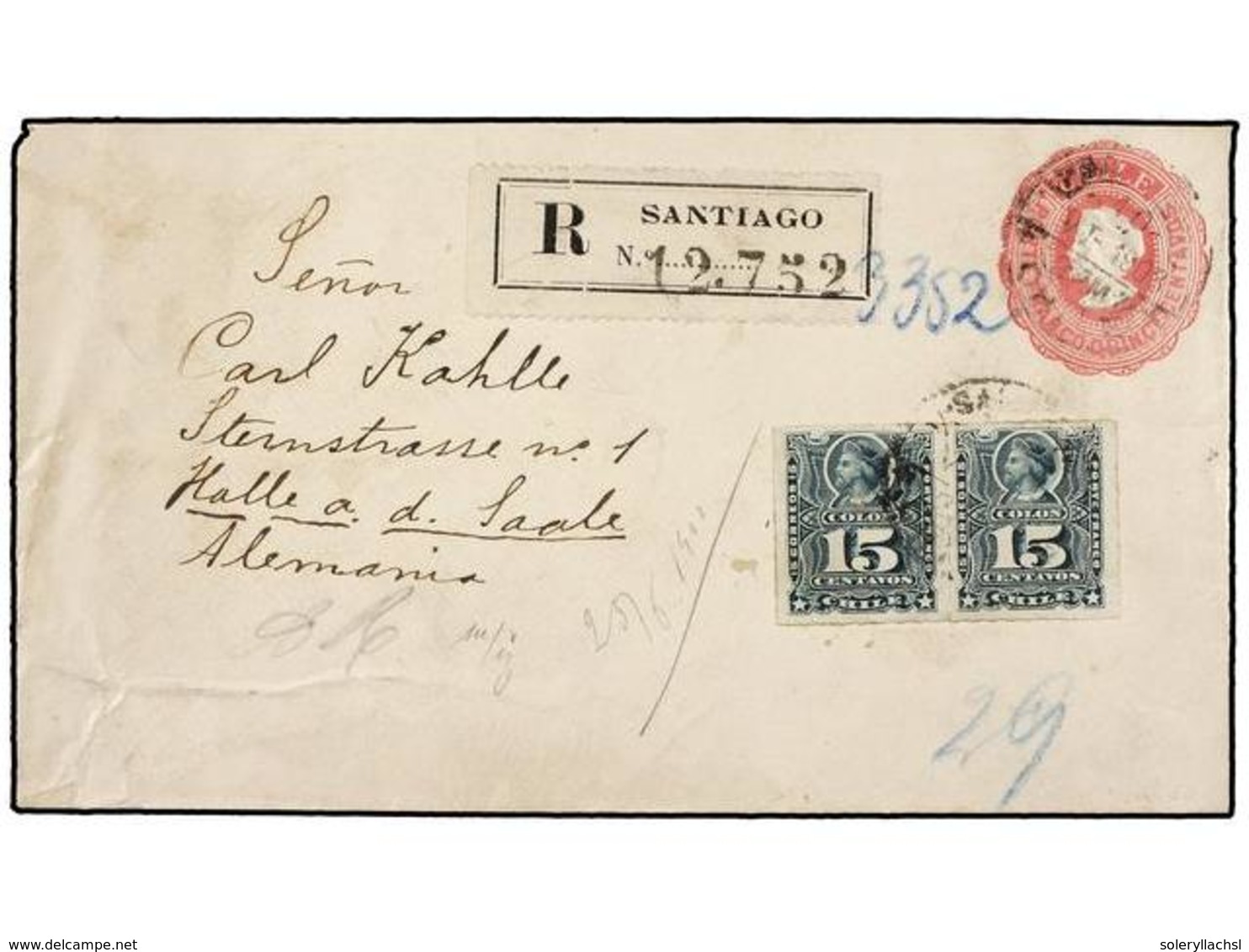 816 CHILE. Sc.30 (2). 1903. SANTIAGO A ALEMANIA. Entero Postal De <B>15 Ctvos.</B> Rosa (2) Franqueo Adicional De <B>15  - Other & Unclassified