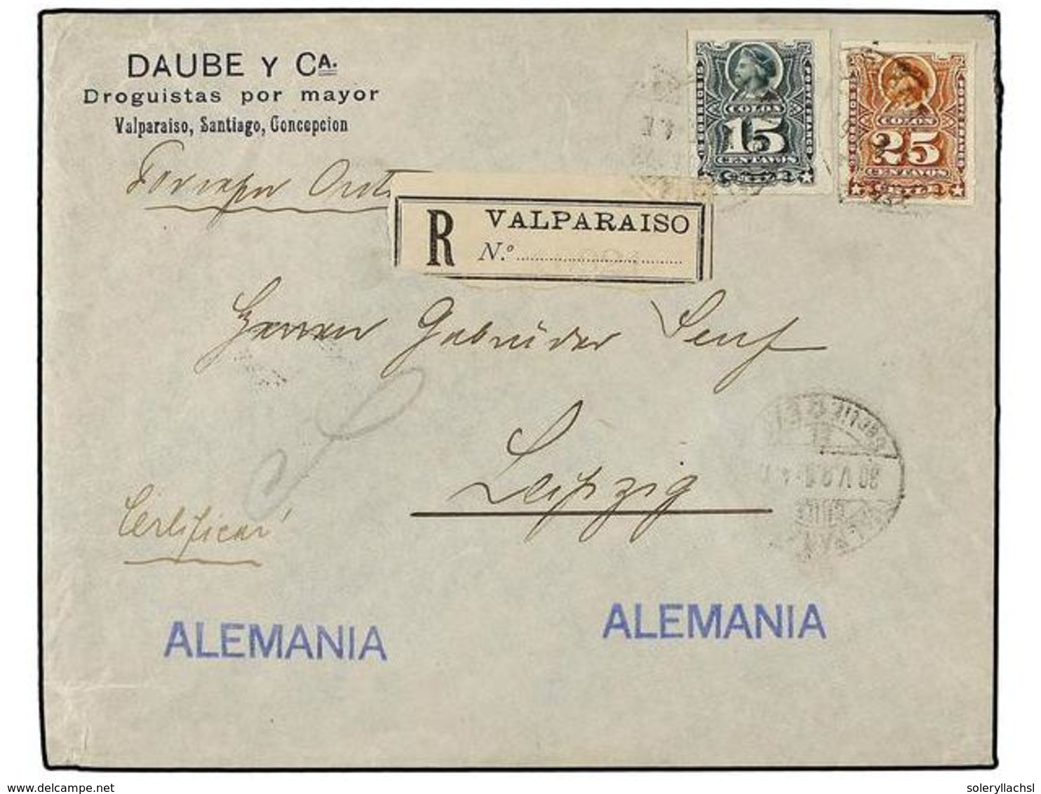 820 CHILE. Sc.30, 32. 1905. VALPARAISO A ALEMANIA. <B>15 Cts.</B> Verde Y <B>25 Ctvos.</B> Castaño Claro, Carta Certific - Other & Unclassified