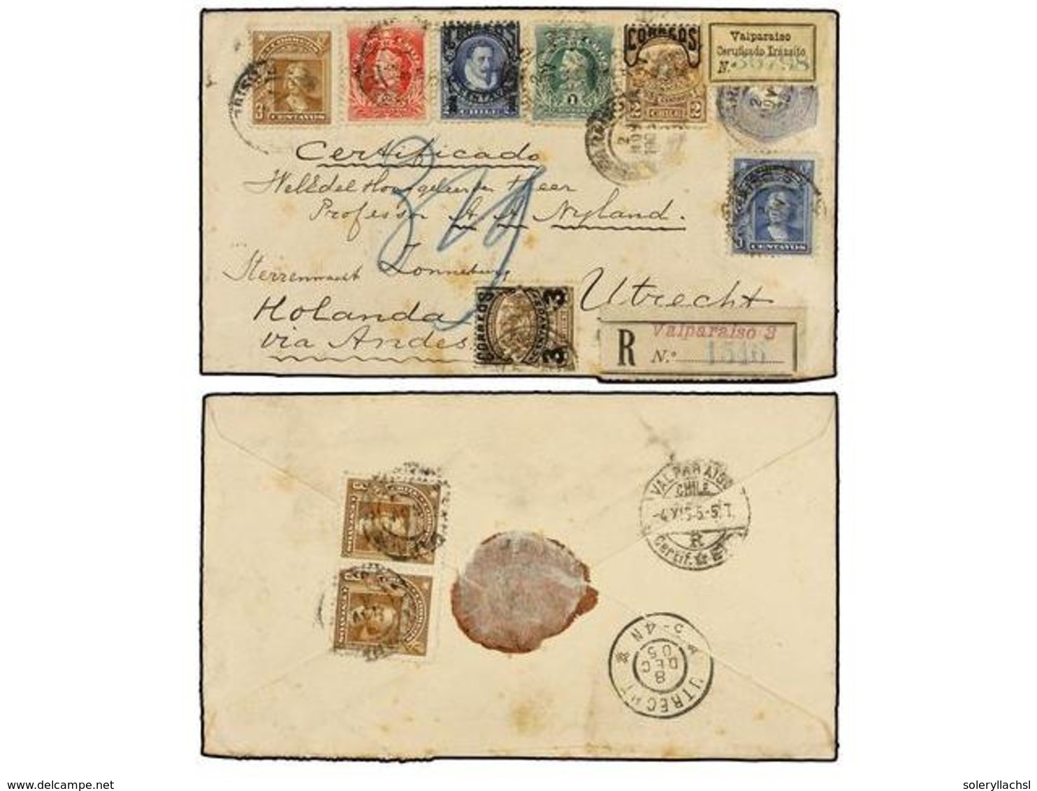 821 CHILE. Sc.51/52, 58, 59, 64, 70 (3), 71. 1905. VALPARAÍSO A HOLANDA. Entero Postal De <B>10 Cts. </B>gris Con Franqu - Other & Unclassified