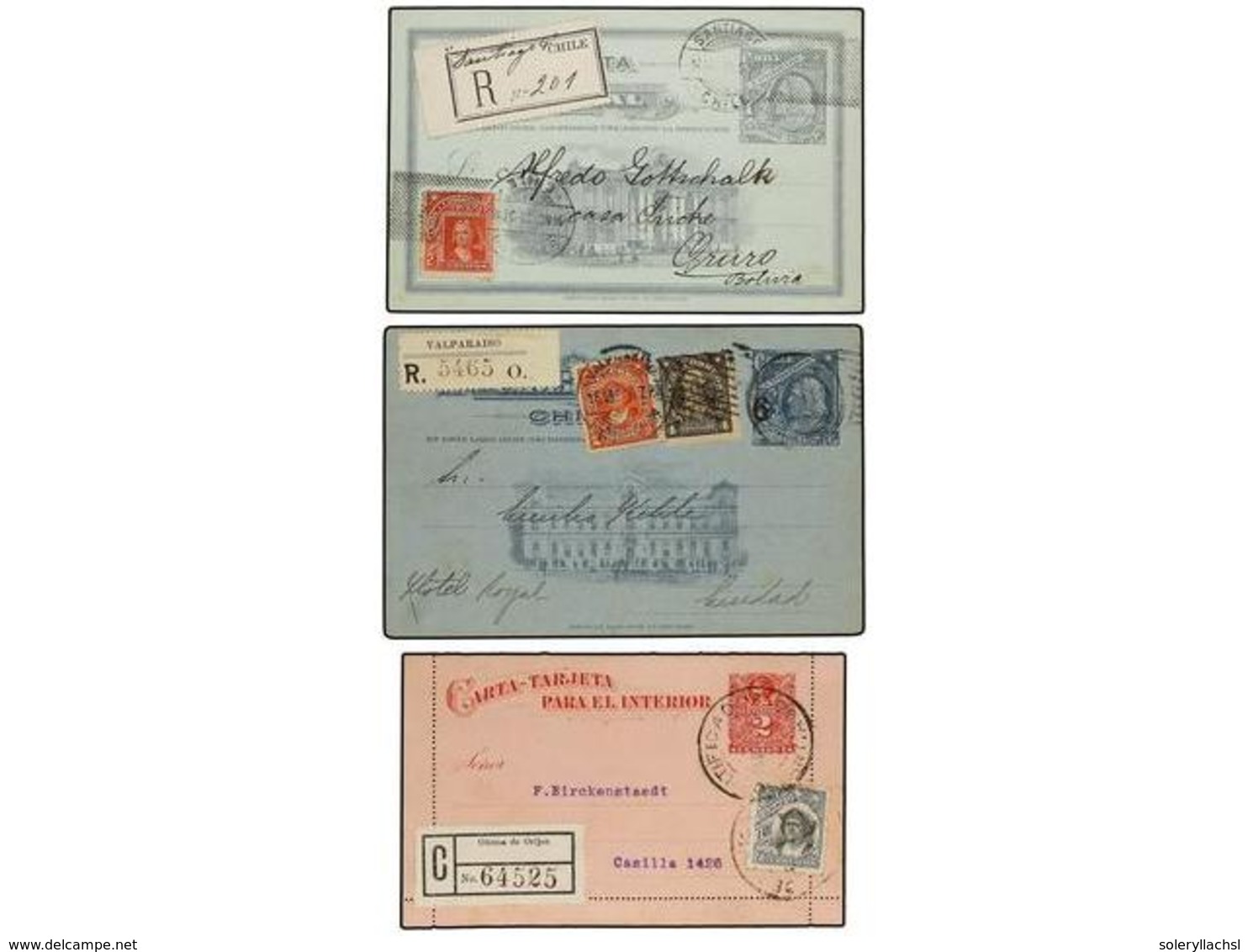 825 CHILE. 1908-22. 5 Enteros Postales Circulados Por Correo Certificado Con Diversos Franqueos Complementarios, Tres De - Sonstige & Ohne Zuordnung