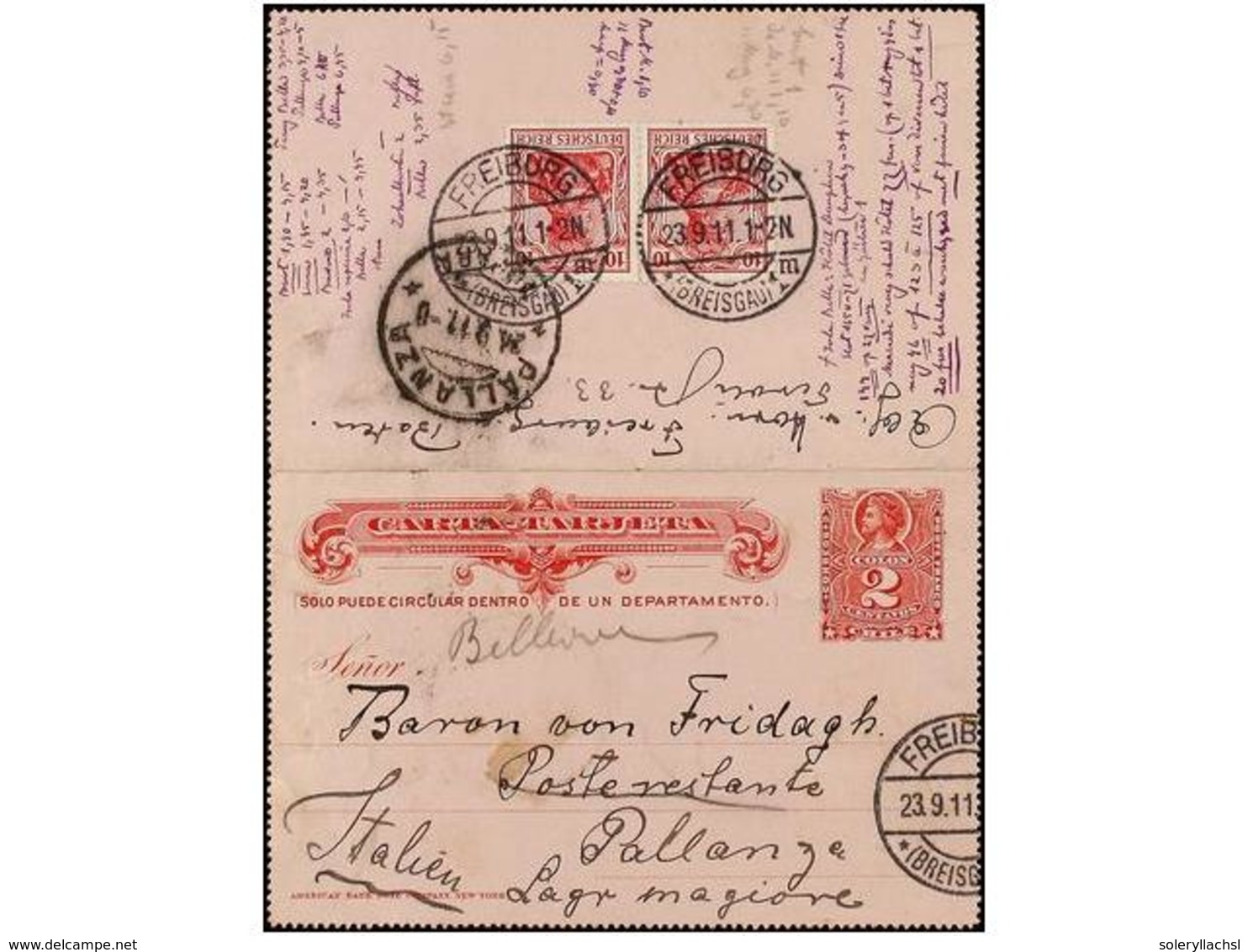 828 CHILE. 1911. Entero Postal De <B>2 Ctvos.</B> Rojo Usado En Alemania De FRIBURG A ITALIA Con Sellos Alemanes De <B>1 - Sonstige & Ohne Zuordnung