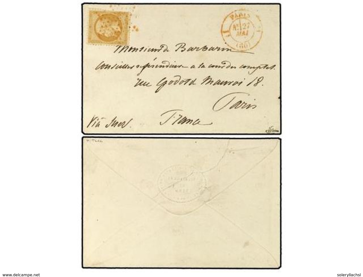 832 CHINA. (1864 CA). Cover With Embossed Flap On Reverse 'Station Navale Des Mers De Chine/Commandant En Chef' Mailed T - Sonstige & Ohne Zuordnung