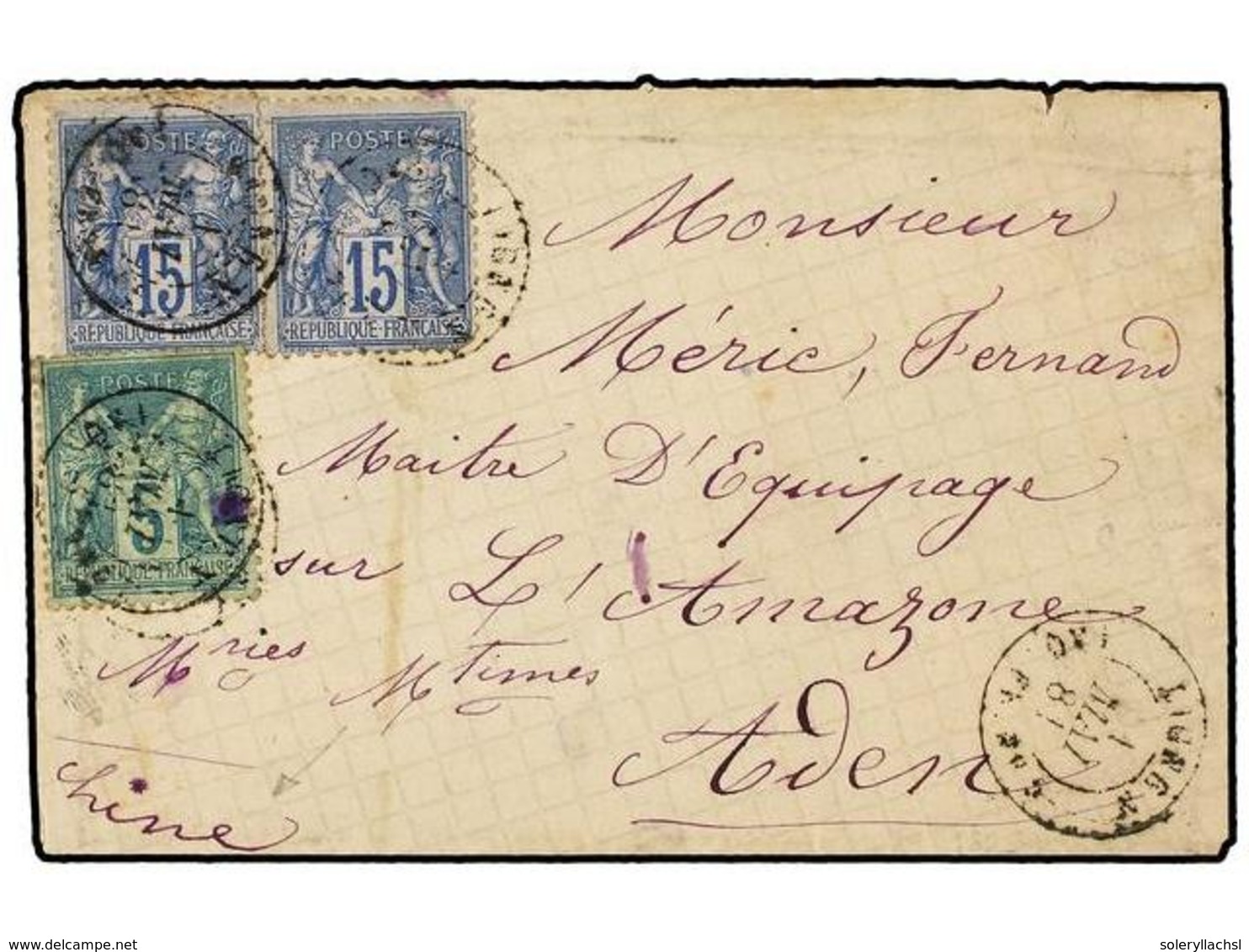 834 CHINA. 1881. Sobre Circulado  Al 'Maitre D'Equipage Sur L'Amazone' En ADEN Con Sellos De <B>5 Cts.</B> Verde, <B>15  - Sonstige & Ohne Zuordnung