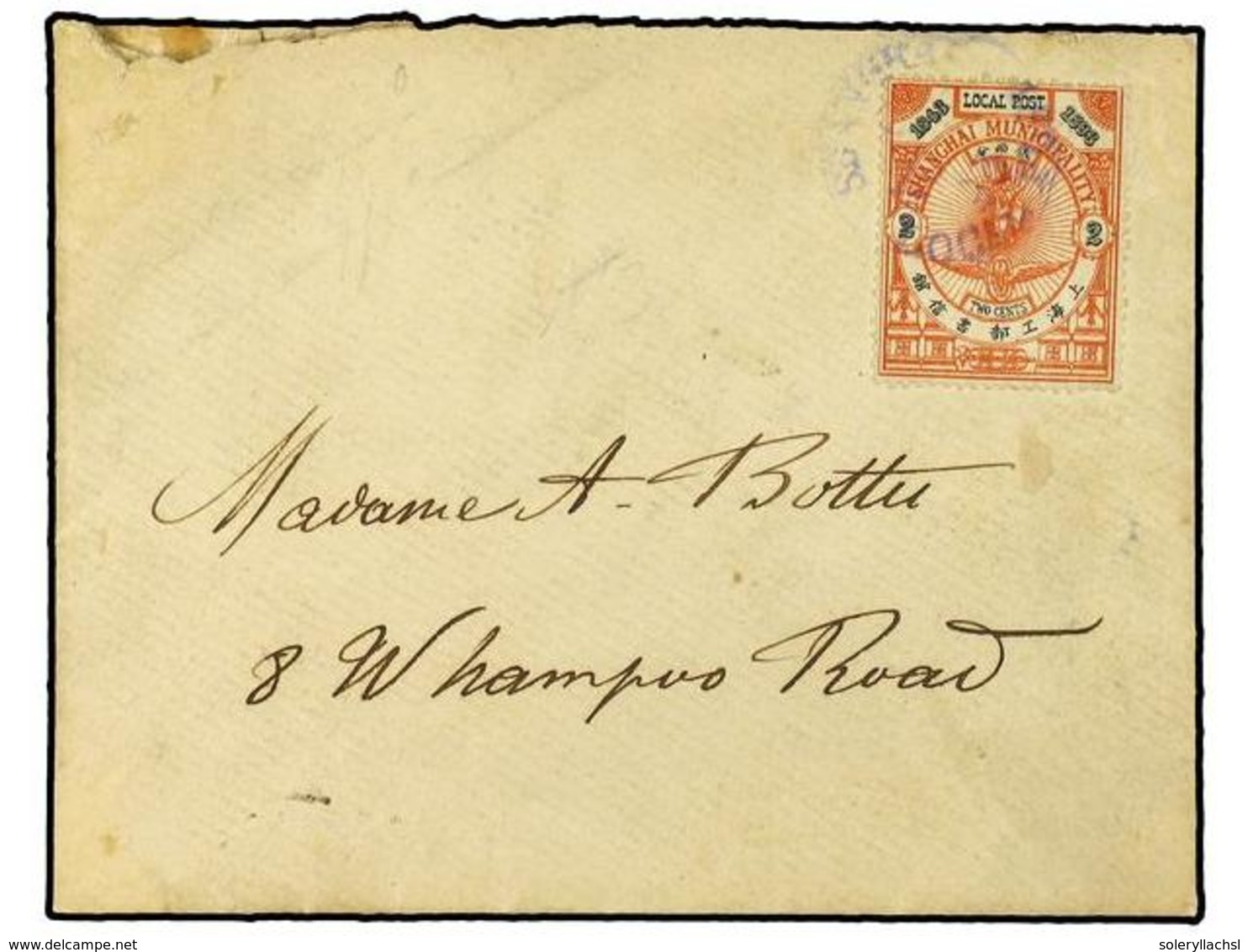 835 CHINA. 1893. Local Mail Envelope To WHAMPOO Bearing <B>2 Cent</B> Red (SG 176) And Black Tied By <B>SHANGHAI LOCAL P - Sonstige & Ohne Zuordnung