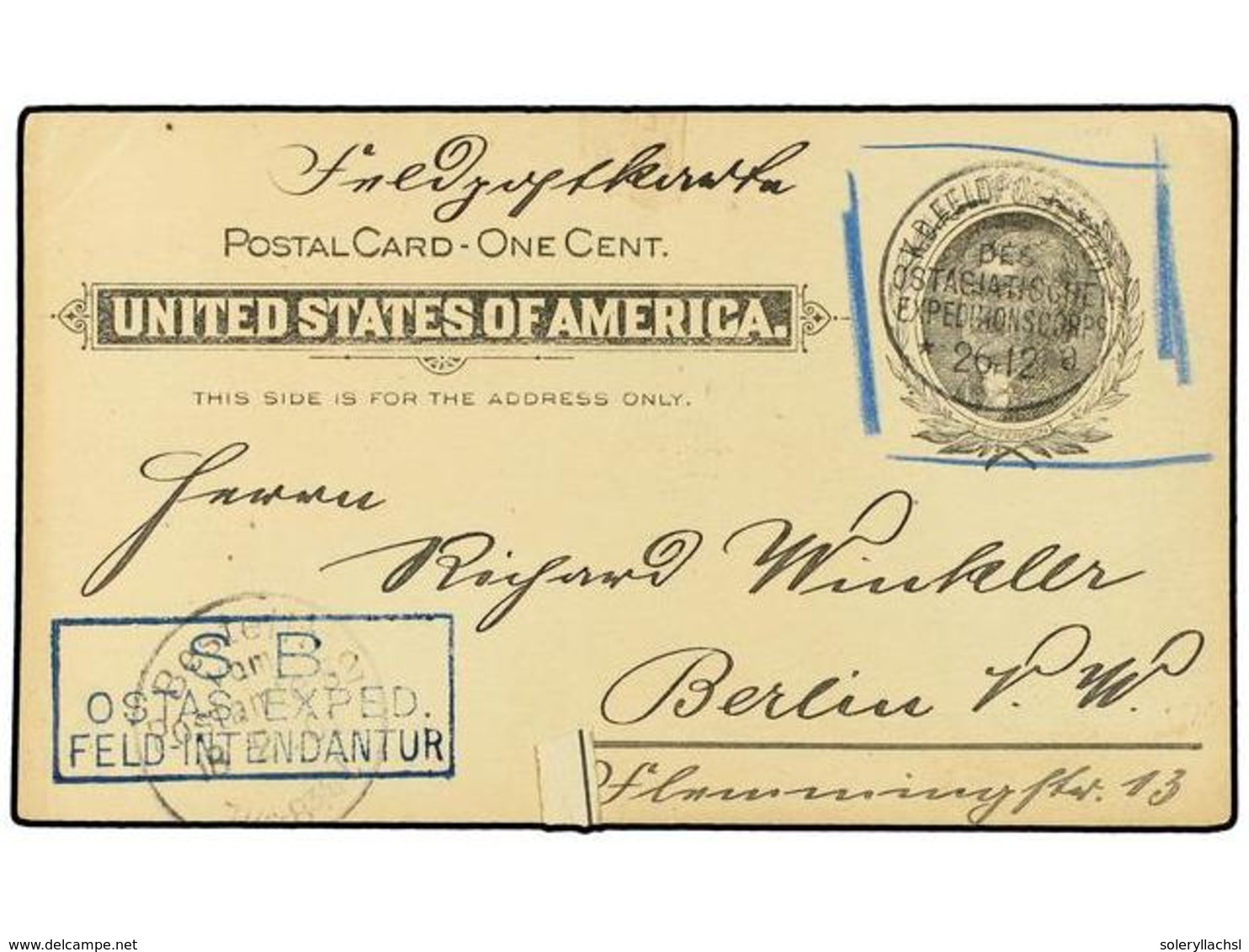 844 CHINA. 1900 (Dec 26). USA<B> 1c.</B> Black Postal Stationery Card Used From TIENTSIN To BERLIN With Blue Framed <B>S - Sonstige & Ohne Zuordnung