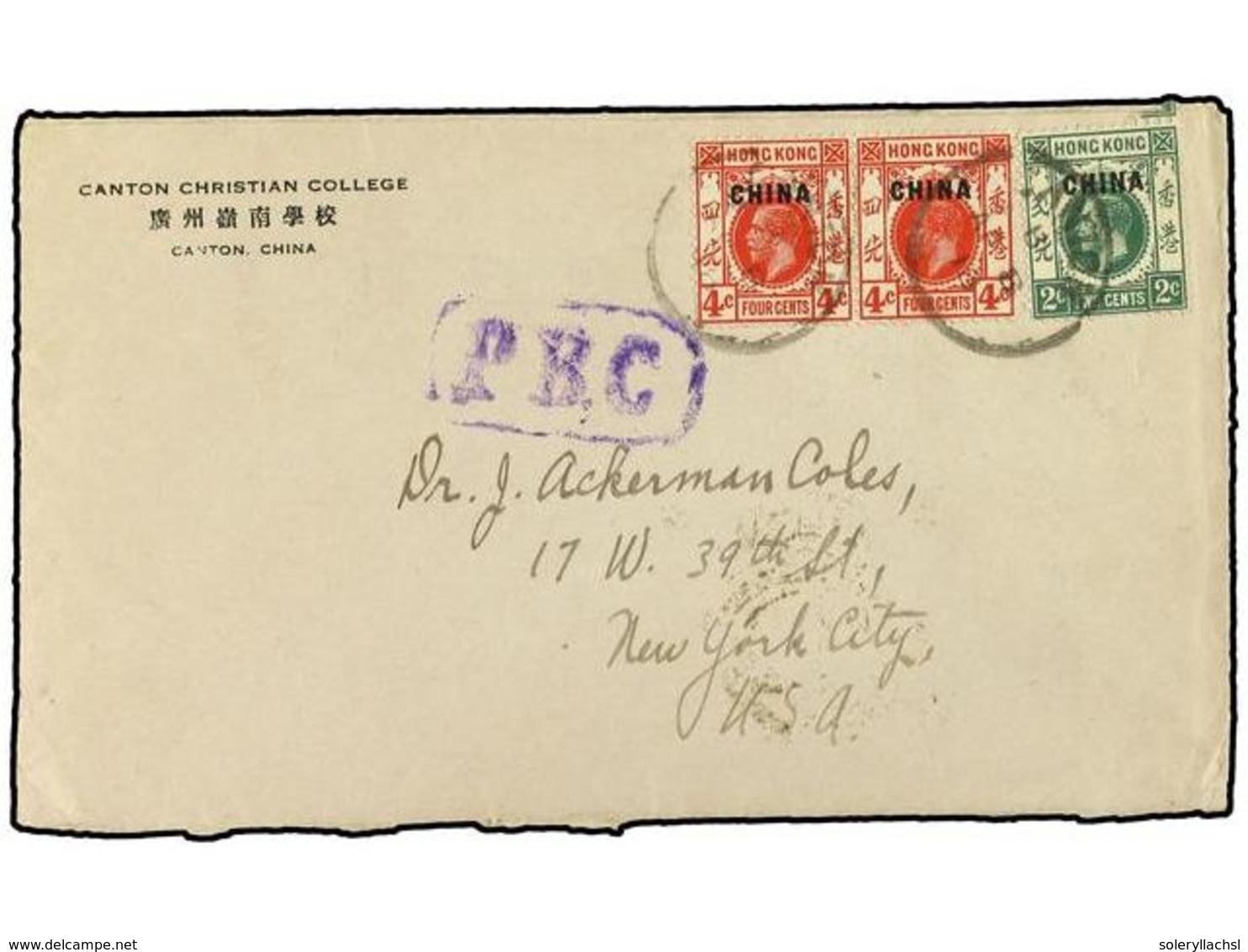 858 CHINA: OFICINAS POSTALES INGLESAS. 1918. Censored Envelope To UNITED STATES Bearing <B>2c</B> Green (SG 2) And <B>4c - Other & Unclassified