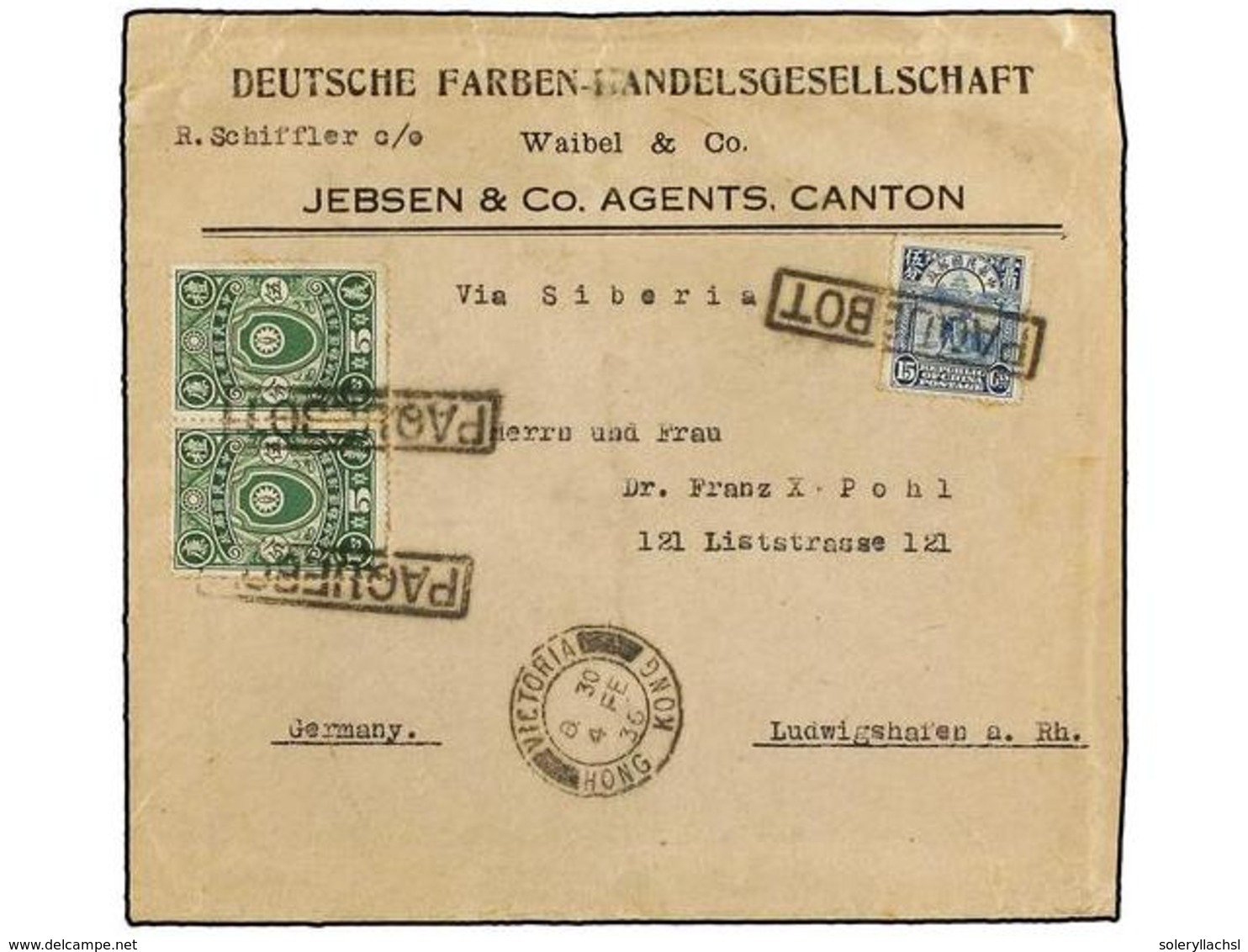 863 CHINA. 1936 (Feb). Firm's Corner Card Envelope Of CANTON To LUDWIGSHAFEN (Germany) Via Victoria, Hong Kong (4.2) Bea - Sonstige & Ohne Zuordnung